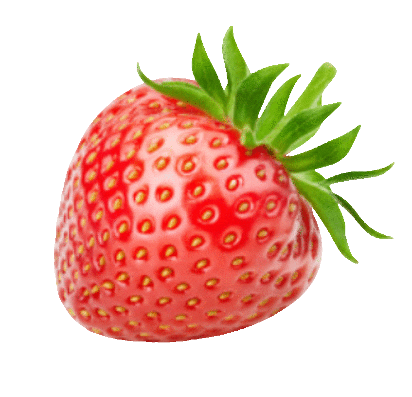 Close-up of a ripe strawberry with green leaves.