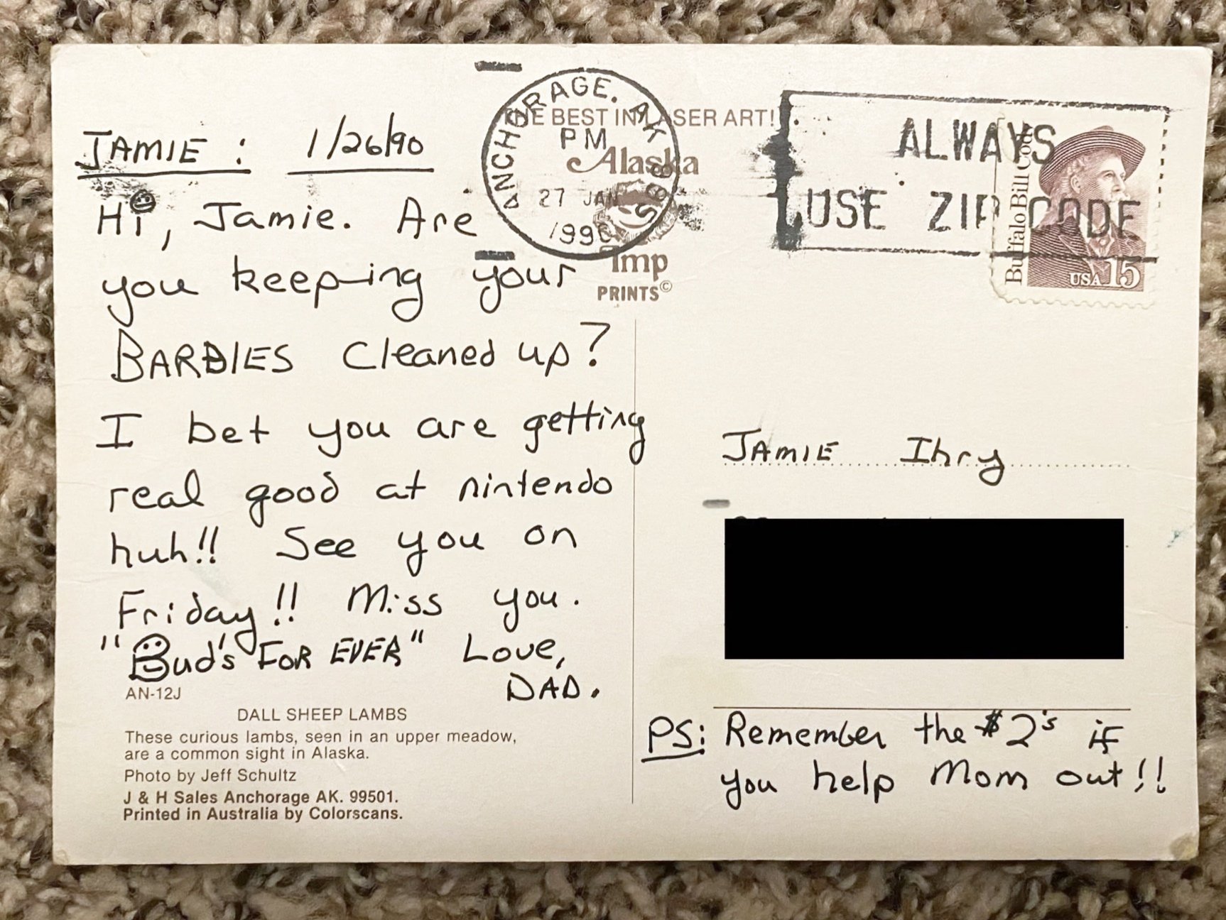 Handwritten postcard mailed home by Jamie's father while traveling for work, representing the lasting value of preserving family memories and personal handwriting.