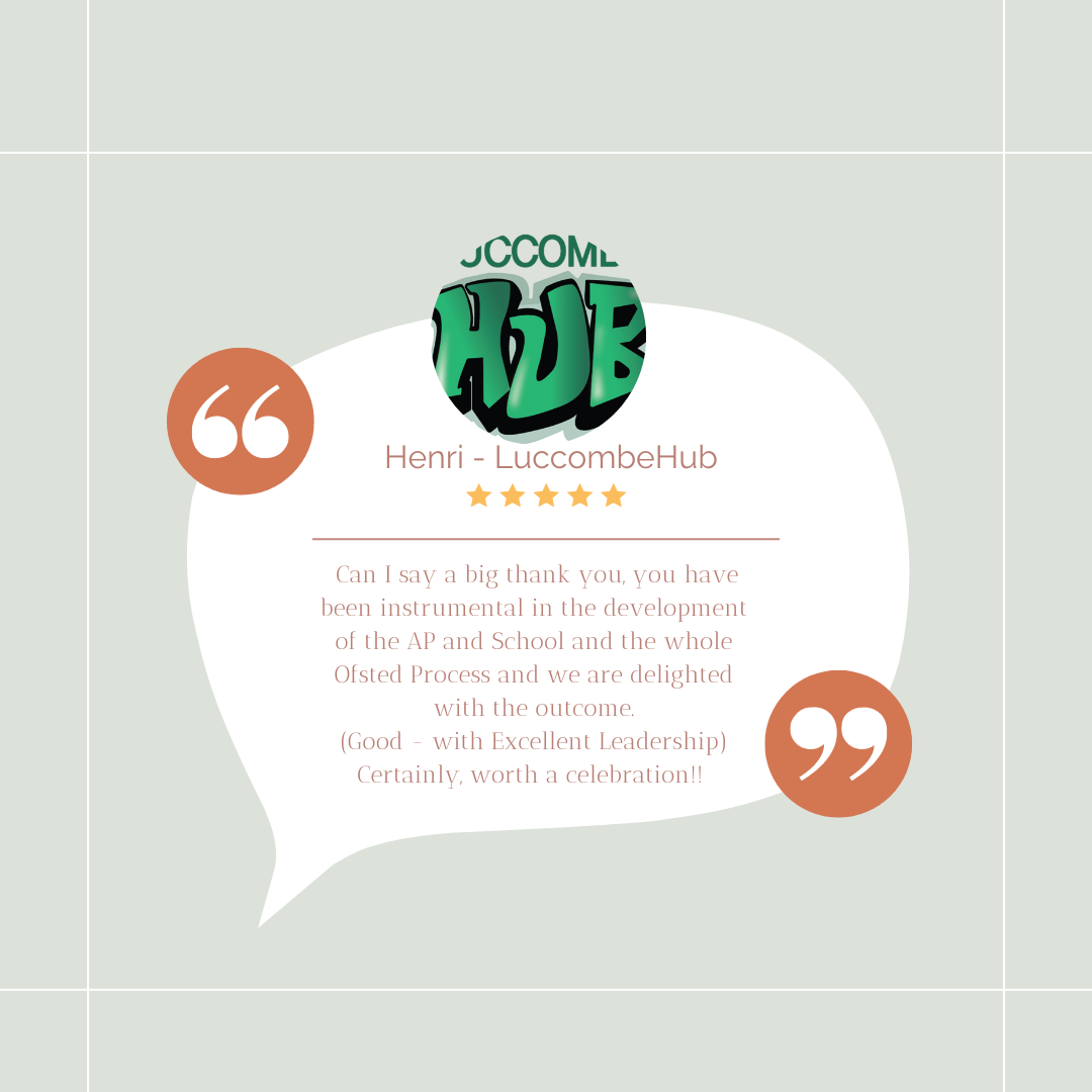 Testimonial graphic with a speech bubble containing a five-star rating, a logo at the top, and a thank you message praising leadership and development.