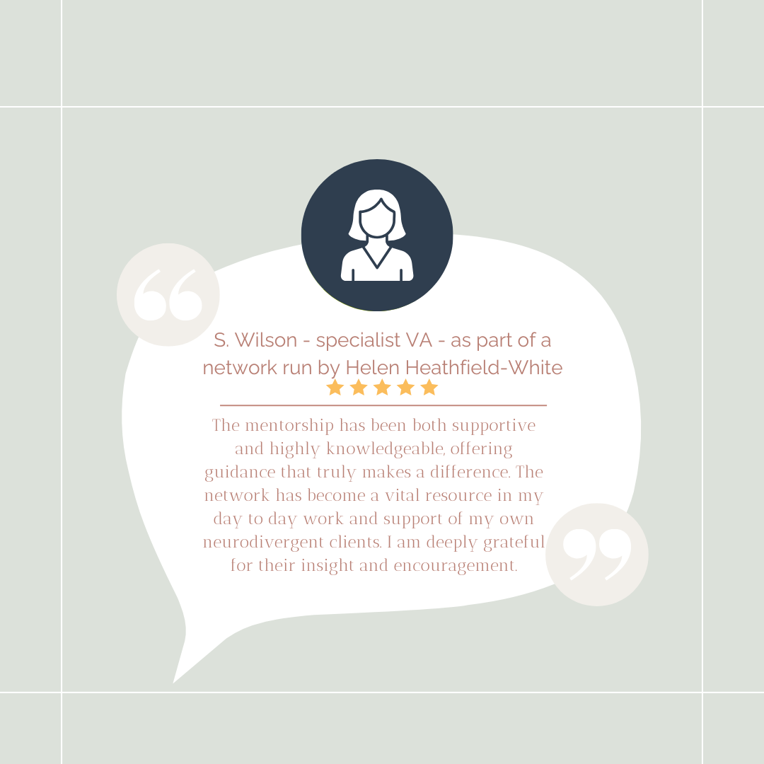 Testimonial quote about S. Wilson, a specialist VA, with a picture of a woman icon, five-star rating, and a light green background.
