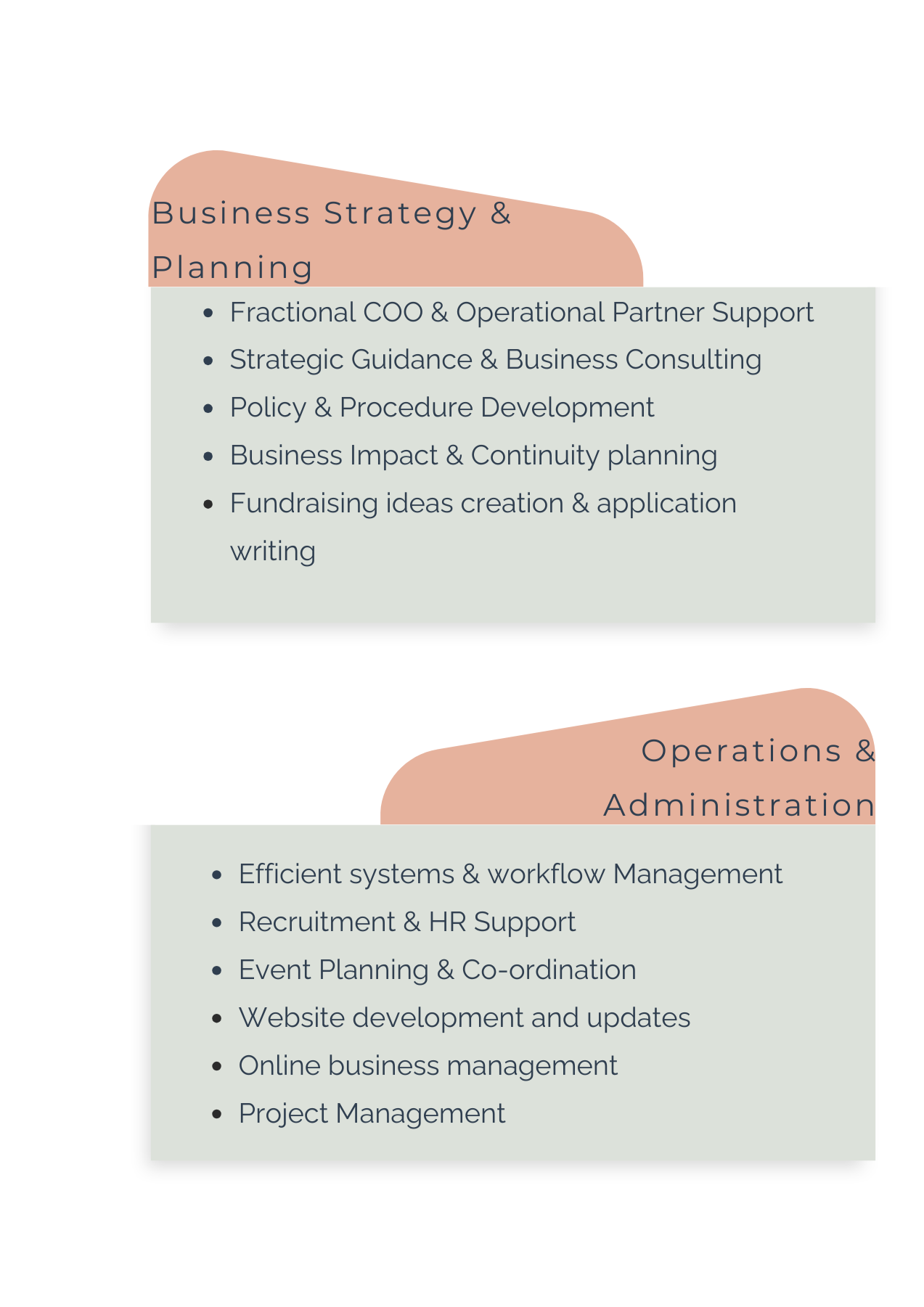 A presentation slide with sections on business strategy and planning, and operations and administration. The planning section lists topics such as fractional COO support, strategic guidance, policy development, business impact planning, and fundraising. The operations section mentions systems management, HR support, event planning, website updates, online business management, and project management.