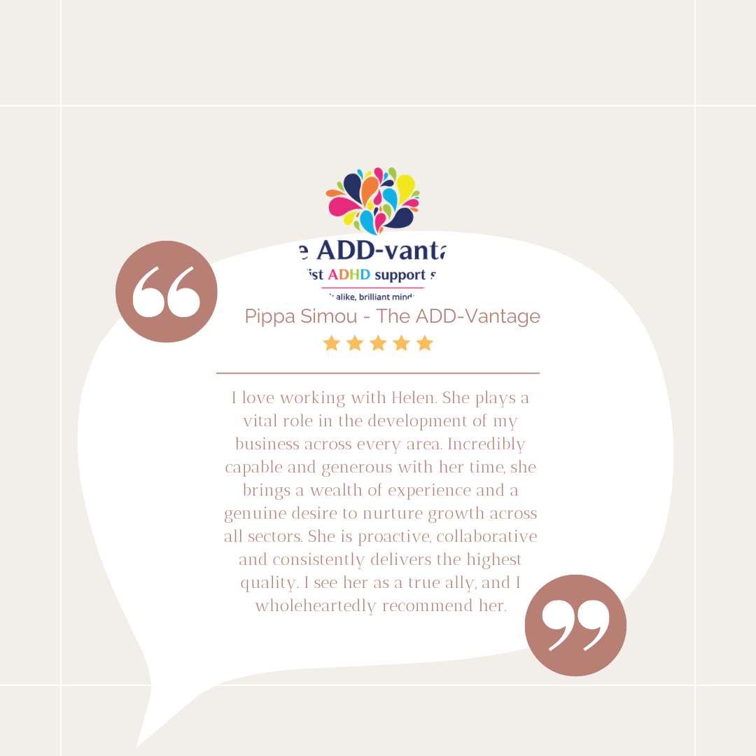 Testimonial card with a colorful tree logo at the top, quotes in brown circles on the left and bottom, and a review praising Helen for her support in business development, with four stars underneath.