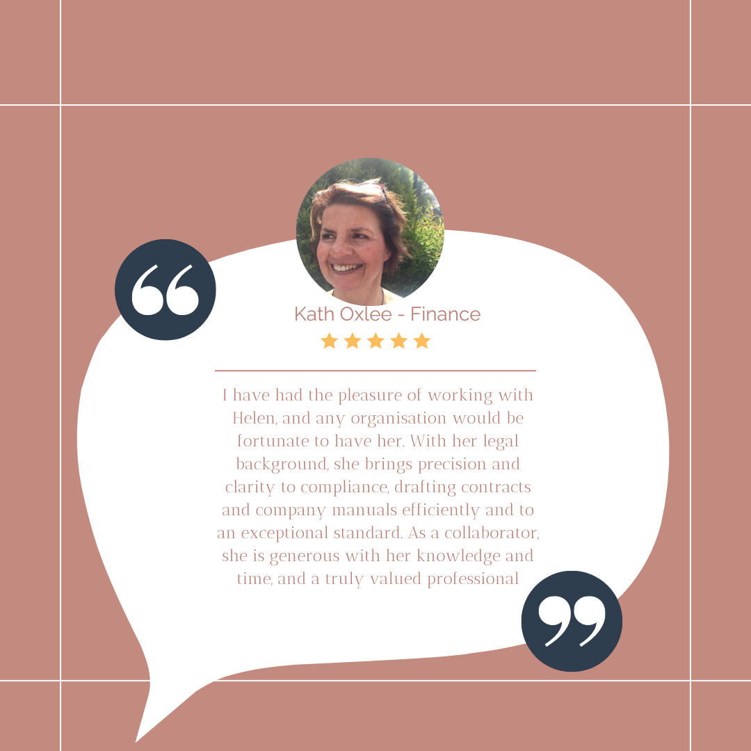 Testimonial graphic featuring a woman smiling, with her photo in a circular frame at the top. The graphic has a muted pink background with a white speech bubble containing a positive quote about working with Helen, highlighting her legal background and professionalism. The quote is adorned with four gold stars and two dark circles with white quotation marks.