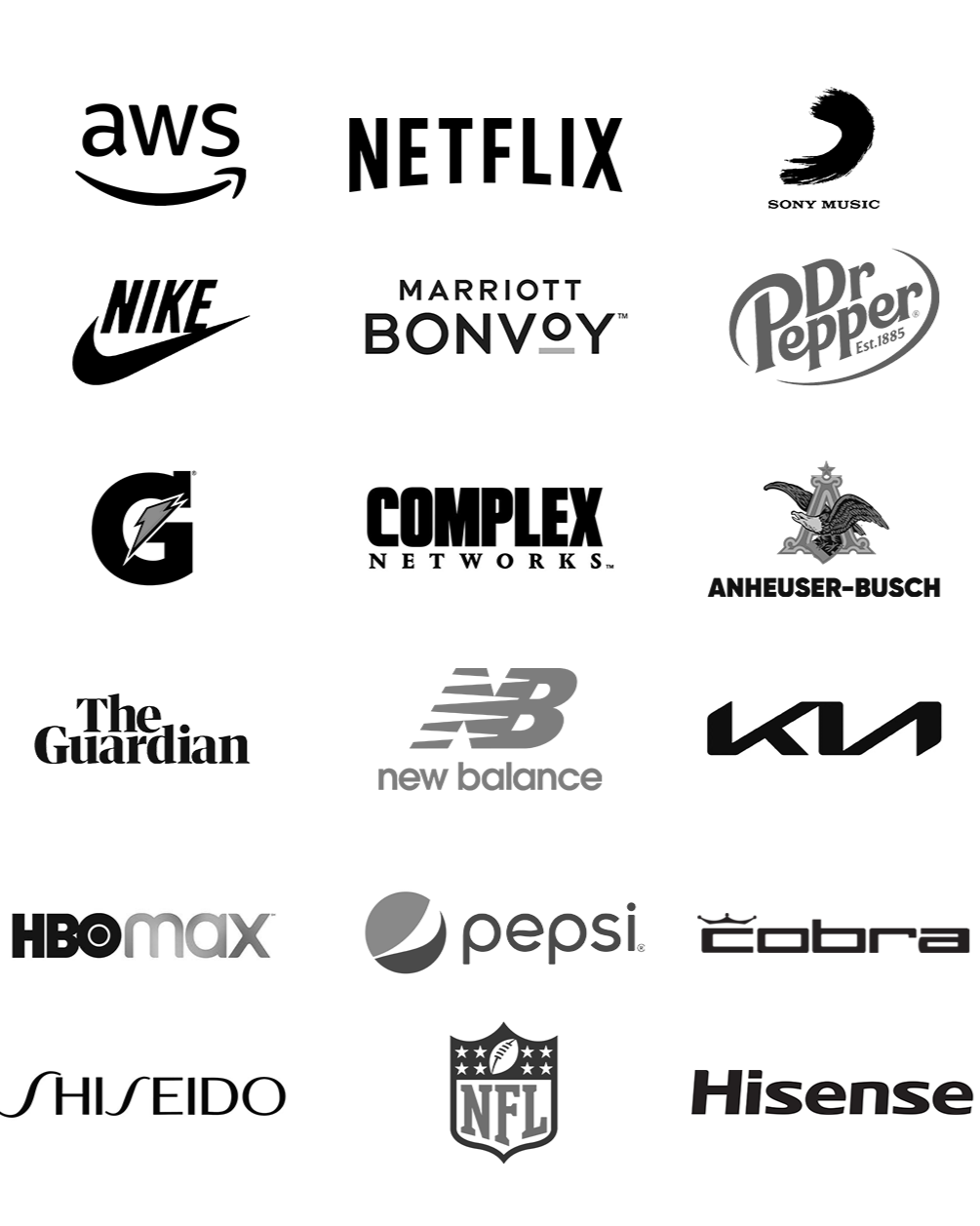 Collection of black and white logo images from various brands and organizations, including AWS, Netflix, Sony Music, Nike, Marriott Bony, Dr. Pepper, Gatorade, complex networks, Anheuser-Busch, The Guardian, New Balance, Kia, HBO Max, Pepsi, Cobra, Shiseido, NFL, and Hisense.