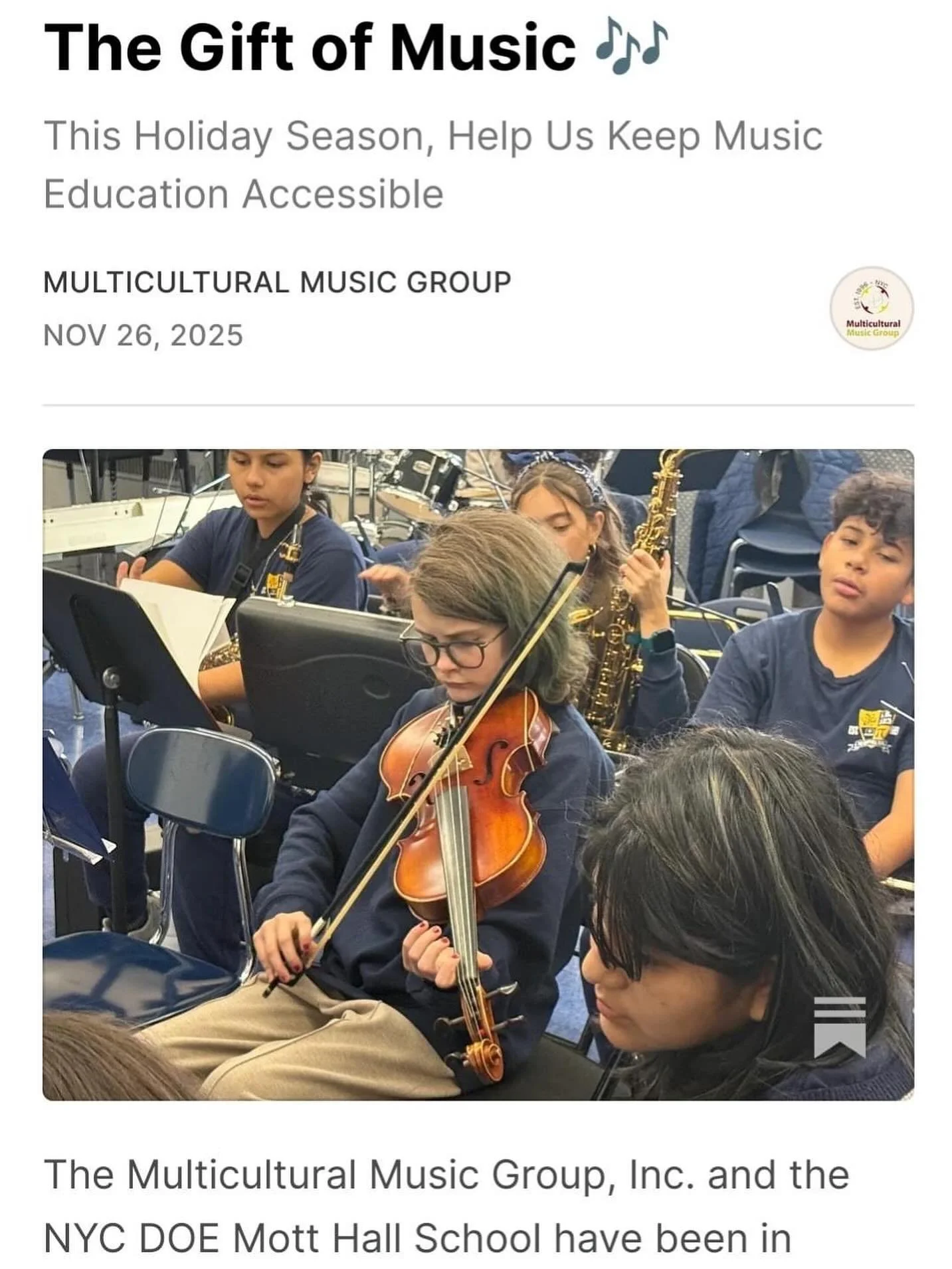 🎶 The Gift of Music - Our Holiday Substack post Is Live!

Exciting news from the Symphonic Youth Program at Mott Hall School! Our latest Substack post highlights how 35+ students are exploring history, culture, and identity through music, from learn