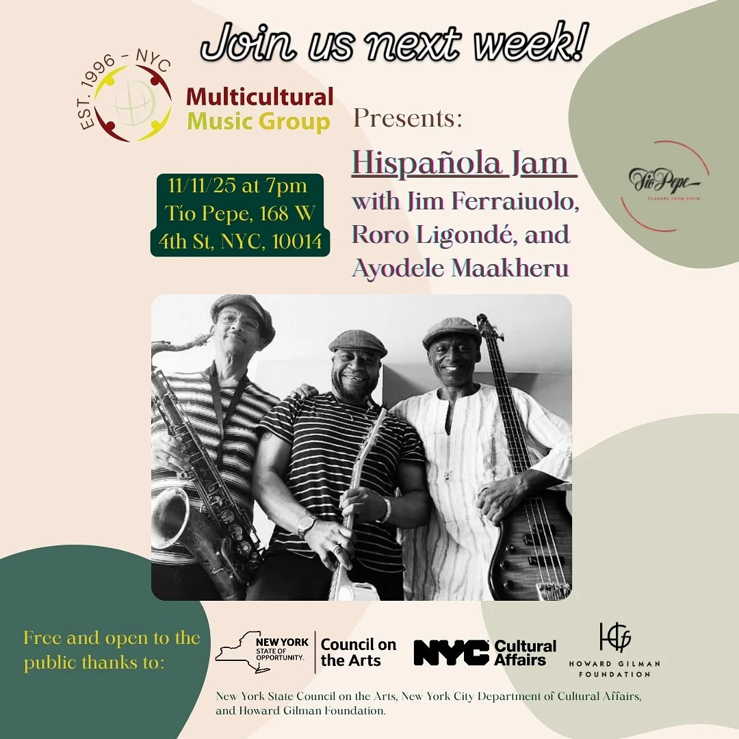 Come enjoy an evening live music by Hispa&ntilde;ola Jam at T&iacute;o Pepe! November 11th @ 7PM

Hispa&ntilde;ola&rsquo;s Jam is a vibrant trio led by Jim Ferraiuolo, blending Afro-Caribbean rhythms and jazz into an irresistible fusion. With Roro Li