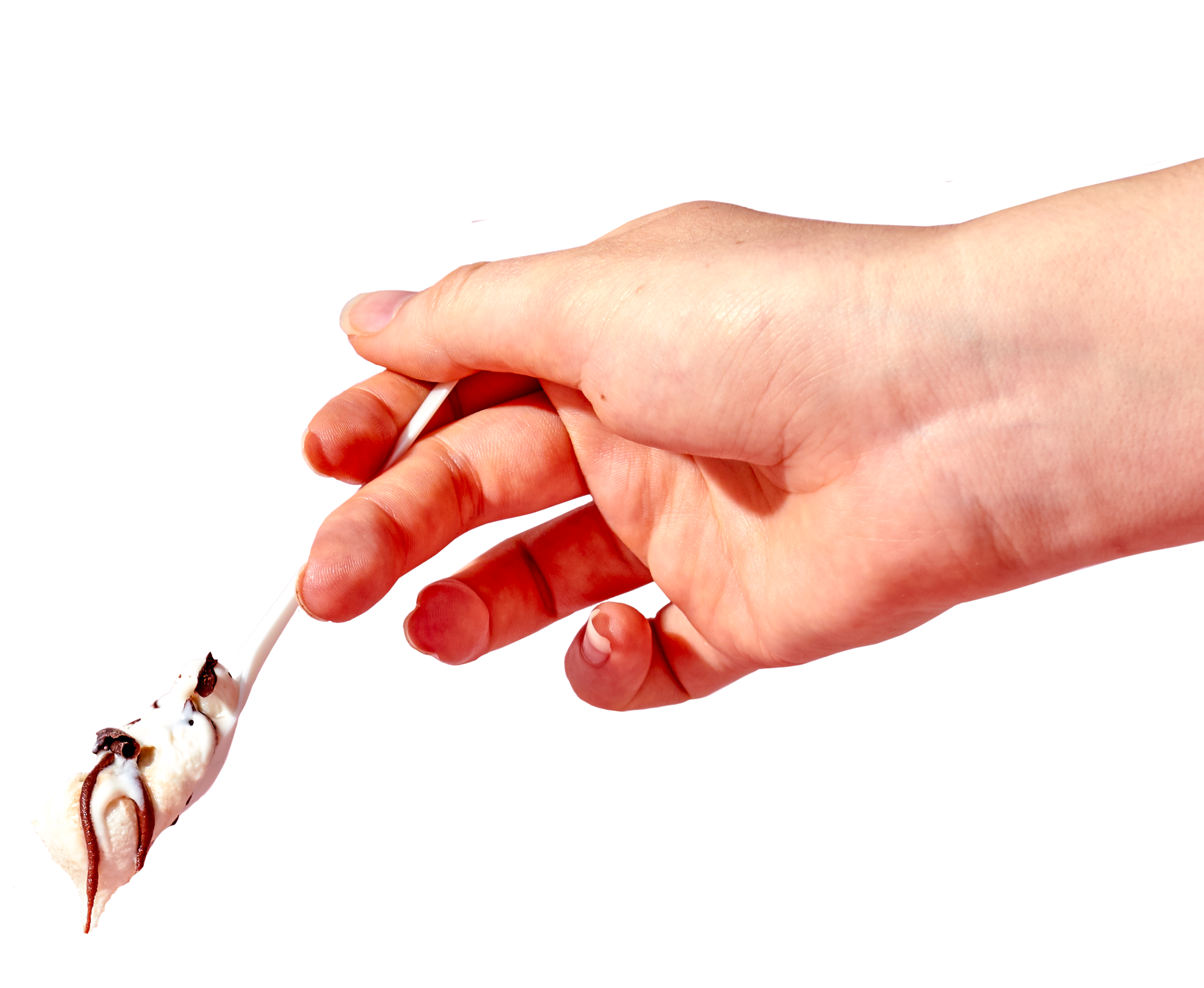 A hand holding a white plastic spoon with a scoop of vanilla ice cream drizzled with chocolate syrup.