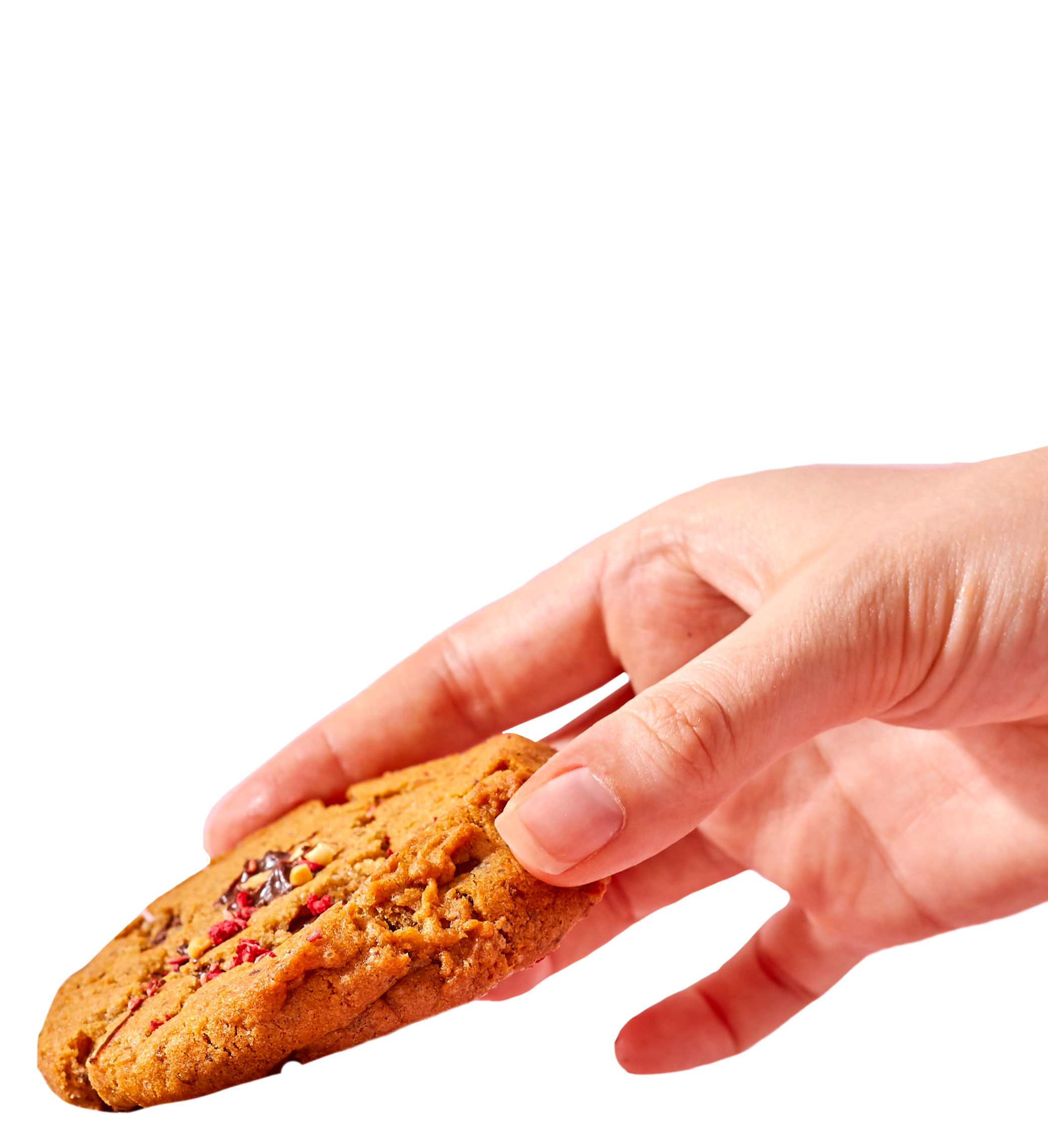 A hand holding two chocolate chip cookies with red and white sprinkles, cut in half, against a black background.