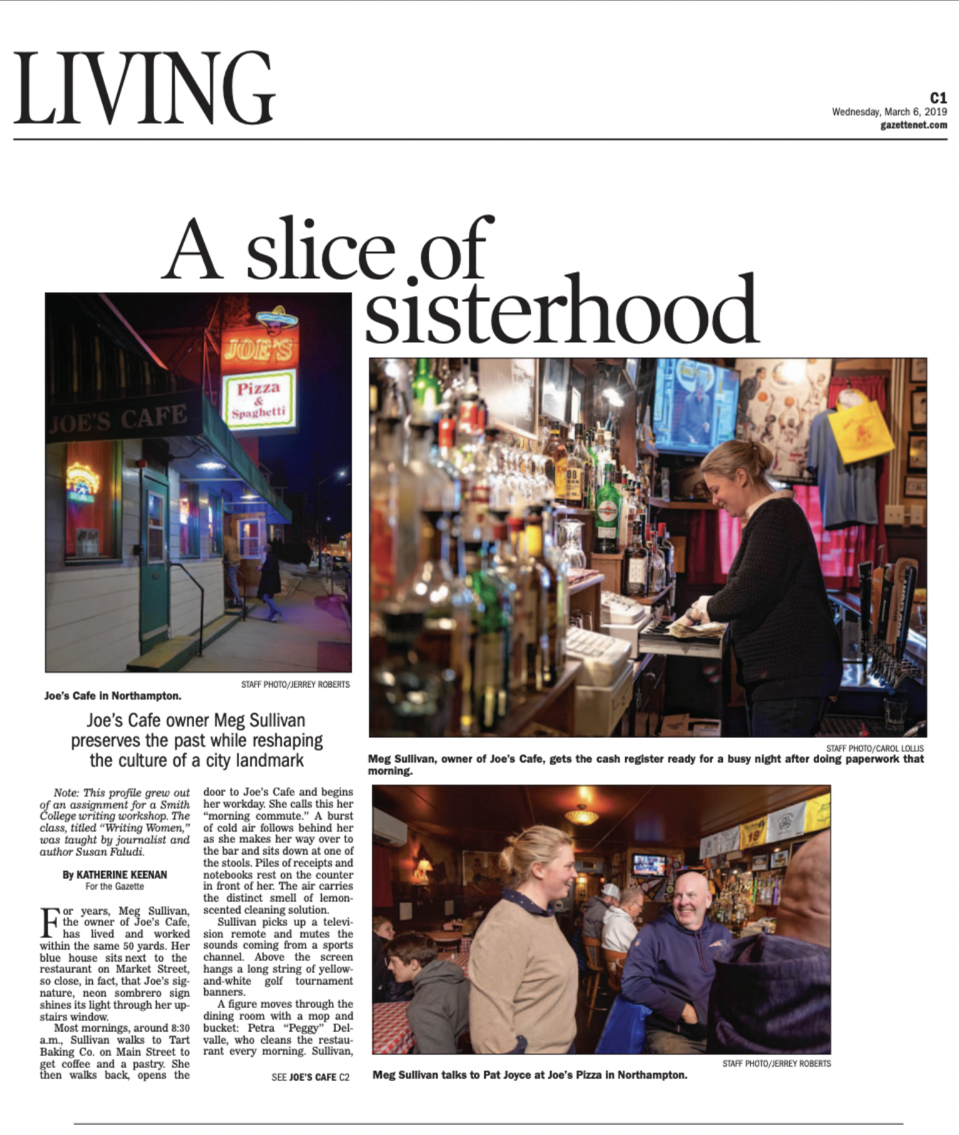 "A slice of sisterhood" in the Daily Hampshire Gazette, written by Katherine Keenan.