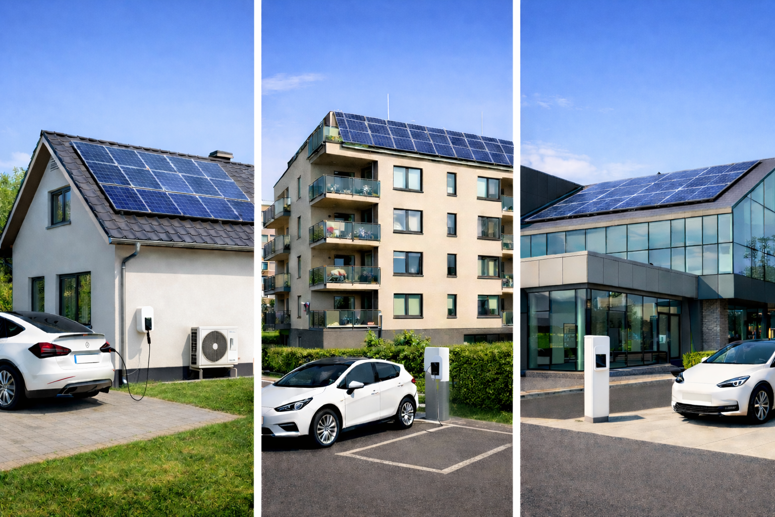 Kolm erilaista rakennusta, joissa on aurinkopaneelit katolla. Vasemmalla omakotitalo, keskellä kerrostalo ja oikealla yrityskiinteistö kaikki sähköautoja latauspisteissä.