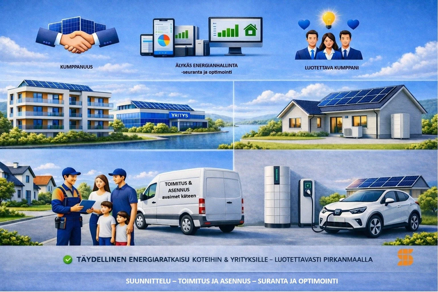 Esityksessä näytetään energiaa säästäviä koteja ja yrityksiä, aurinkoenergiaa ja sähköautoja, energianhallintajaitoja, luottamusta kumppaneihin, energiapalvelujen tarjontaa ja energiaratkaisuja kotitalouksille ja yrityksille Pirkanmaalla.