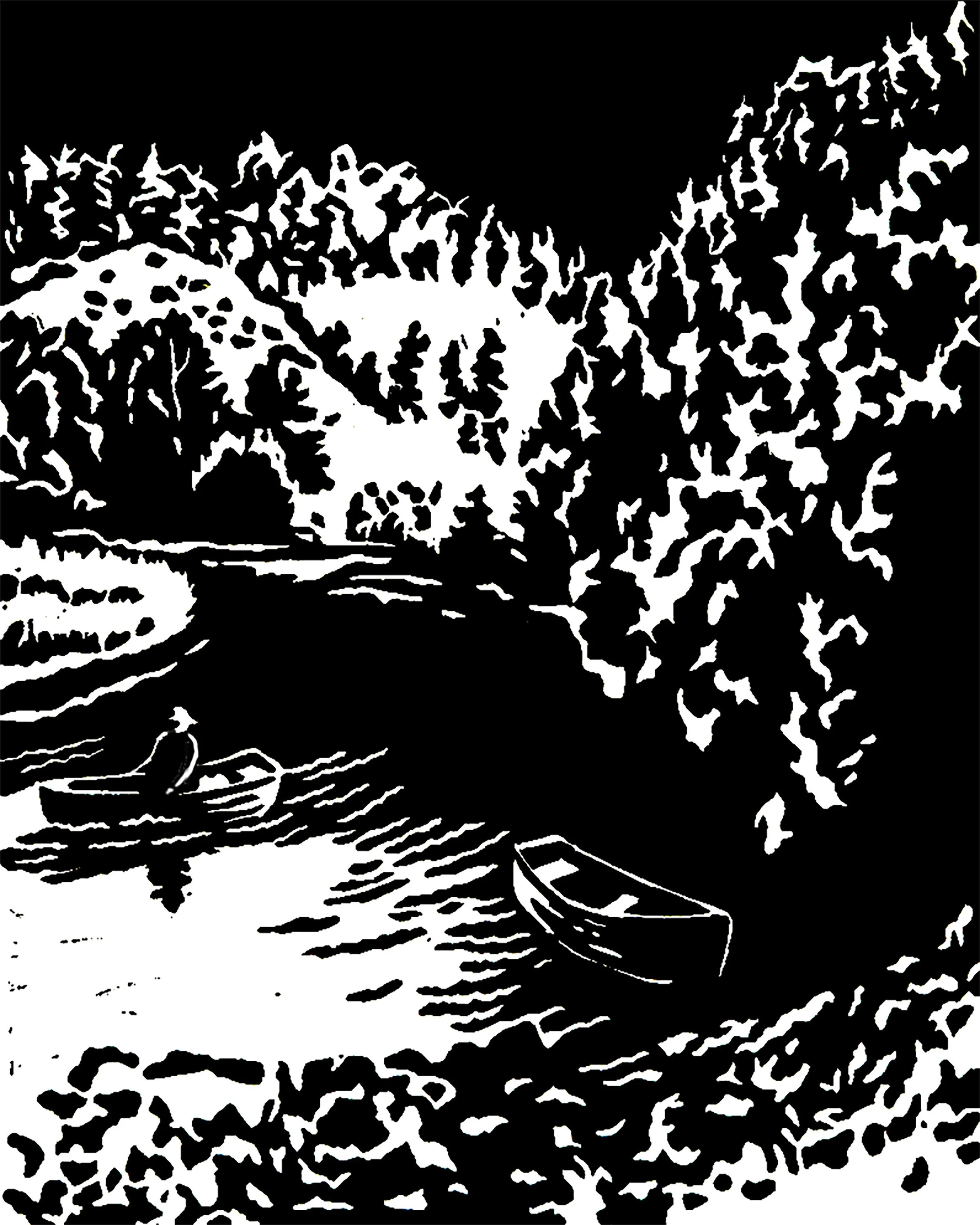 "At the River Bend",  linoleum block print, 10" x 8"
