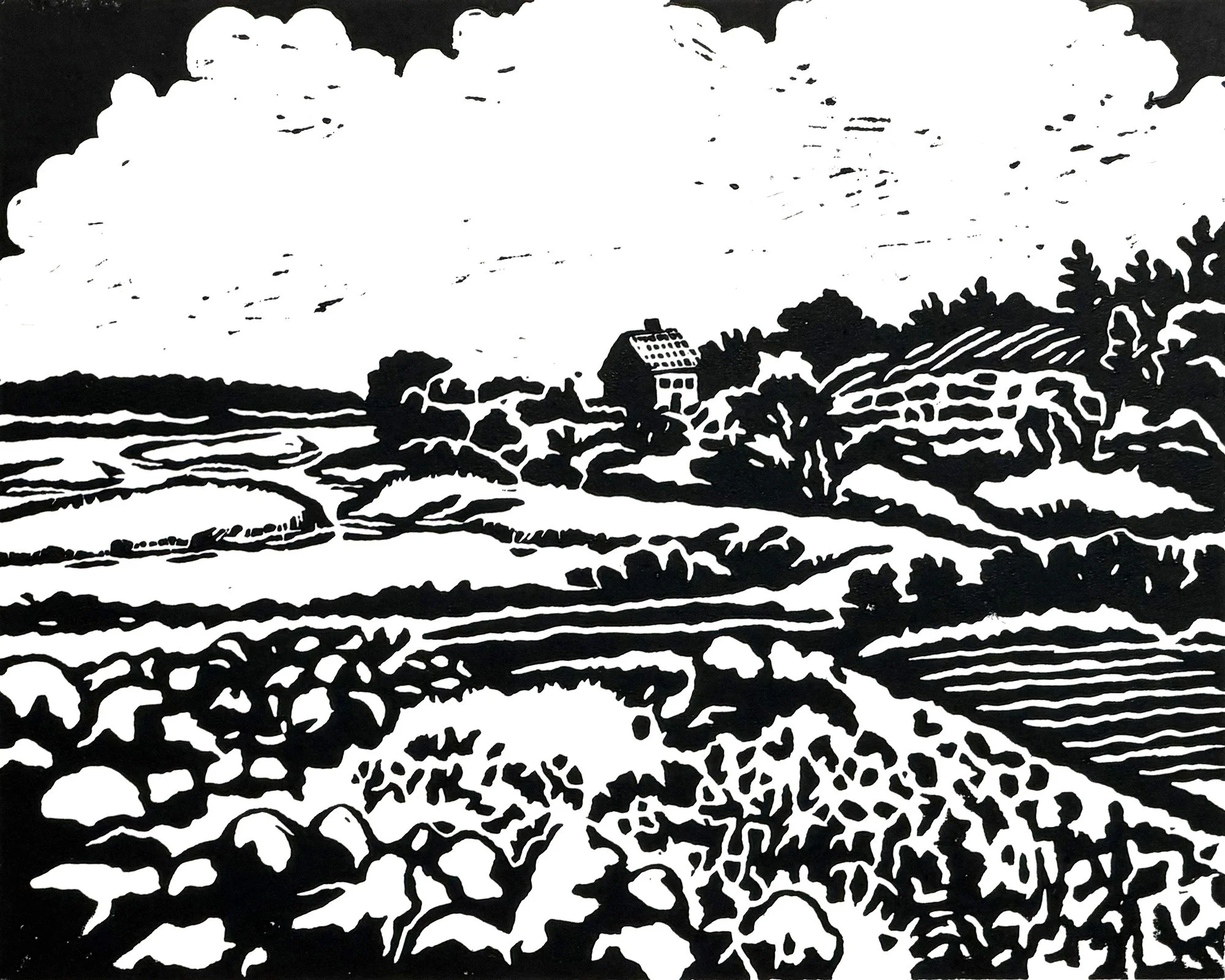 "Hog Island", linoleum block print, 8" x 10"
