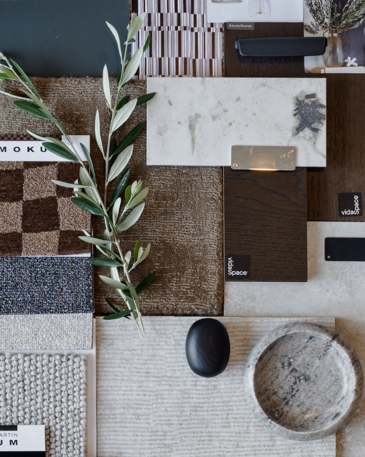 moodboard with rugs and cabinetry options, earthy materials and colour scheme