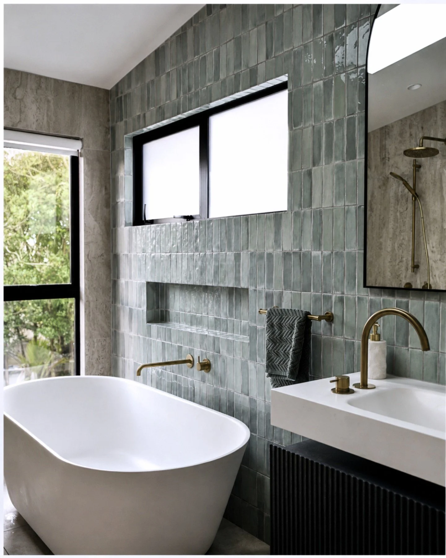 Sage green, travertine and brass&hellip; honestly, what&rsquo;s not to love?

There are three tiles in this space, which can feel like a lot in a smaller bathroom, but the tones are soft, earthy and connected. The travertine brings warmth and natural