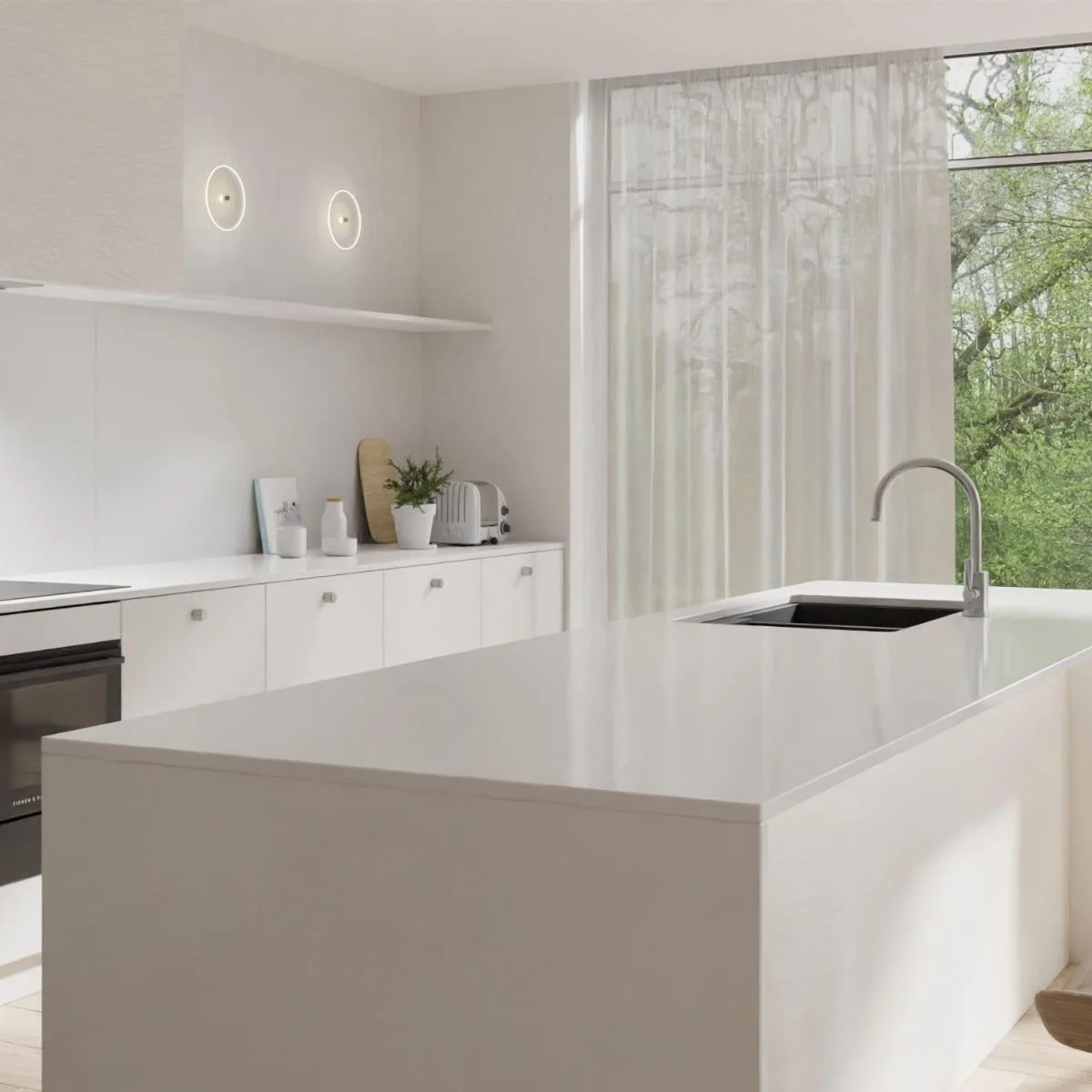 well lit white kitchen with shear curtains