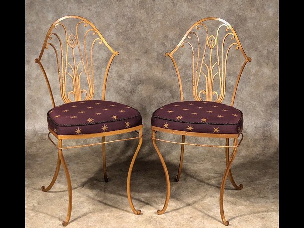 Maurice Dufrene pair of gilt iron chairs (#1857)