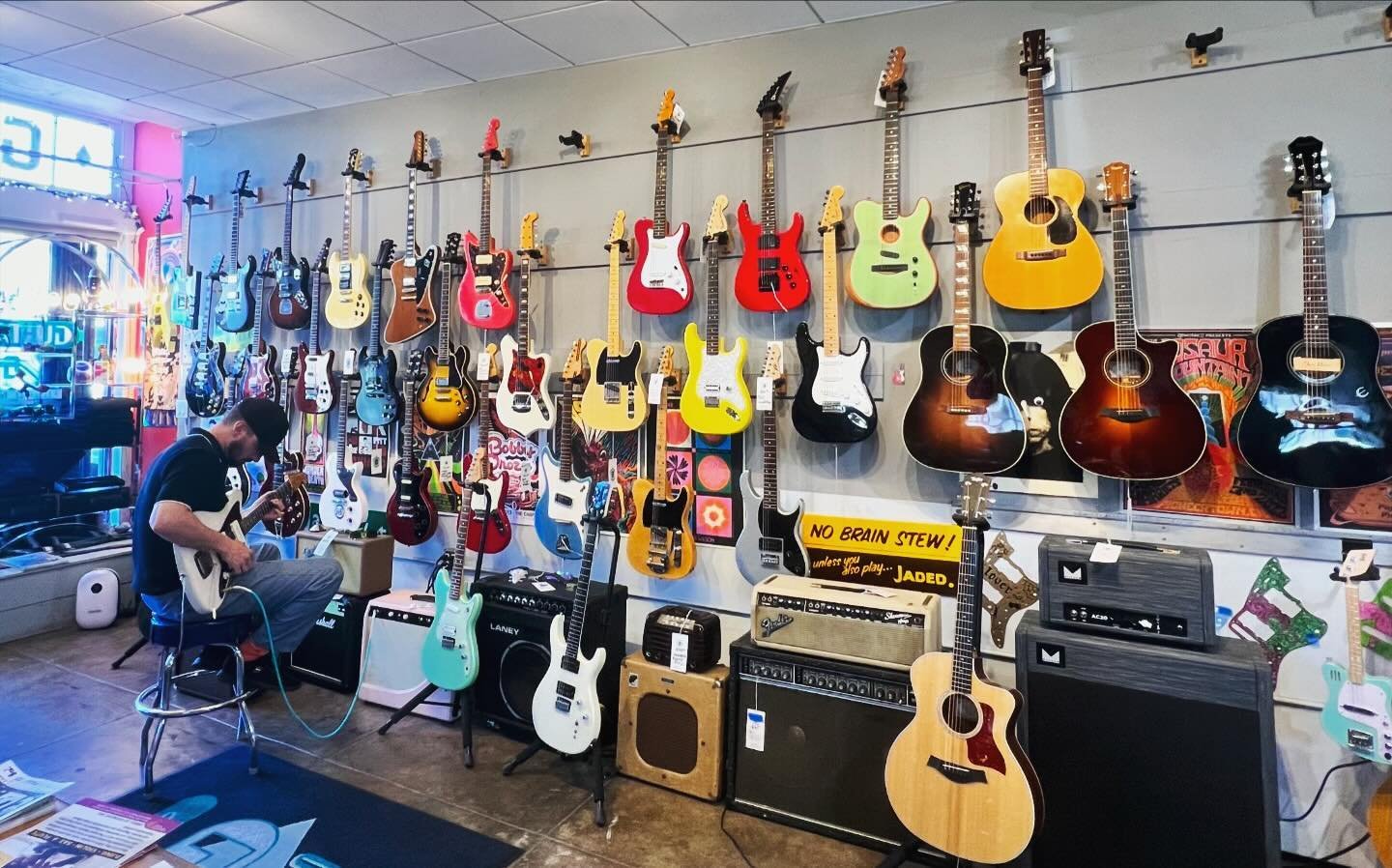 The Wall is in a good mood today. Very colorful and waiting for you. It&rsquo;s asking for you. Come play! #oaklandguitars
