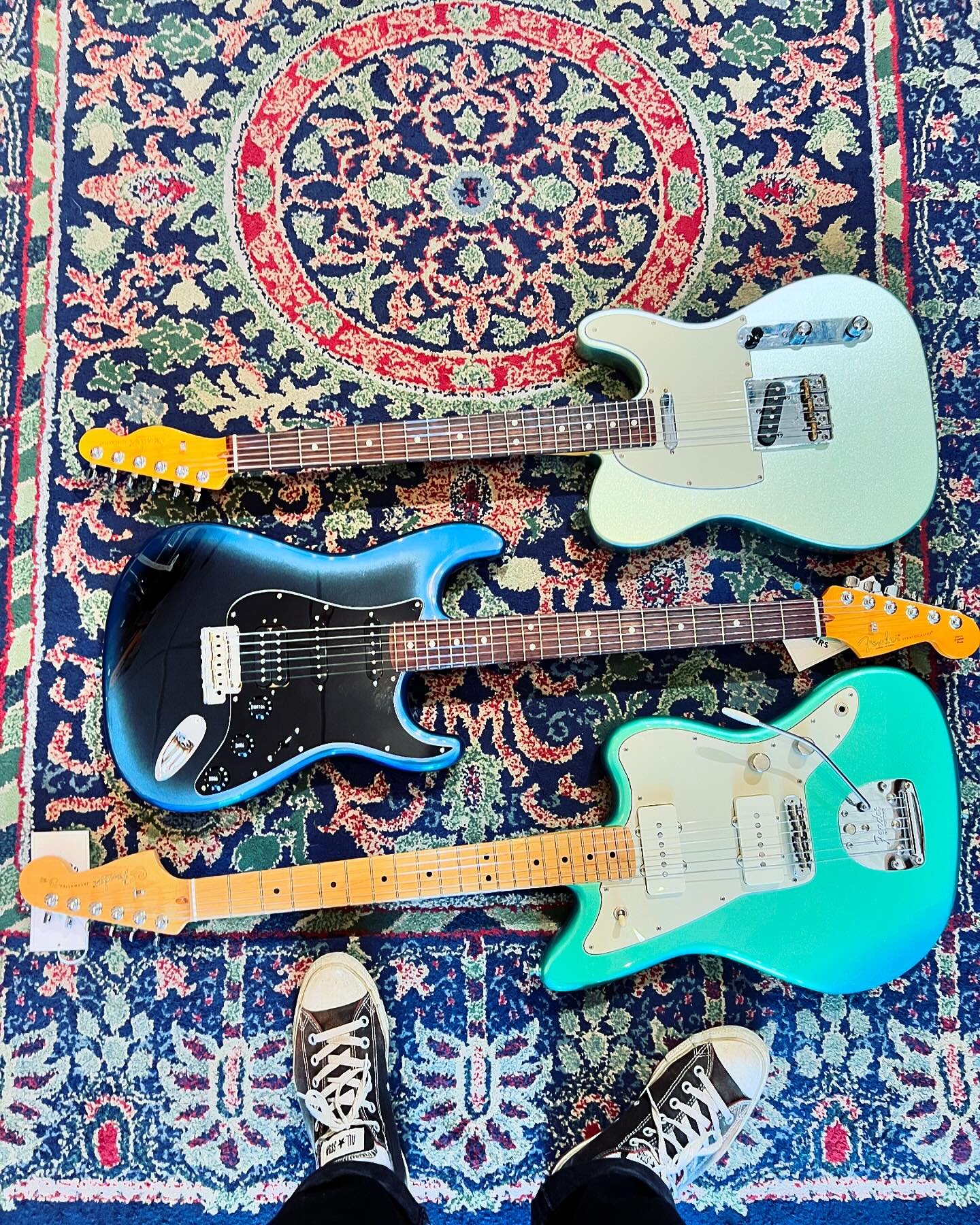 Classic but modern. Which are you picking?! Come play! #oaklandguitars #fender #jazzmaster #telecaster #stratocaster #americanpro