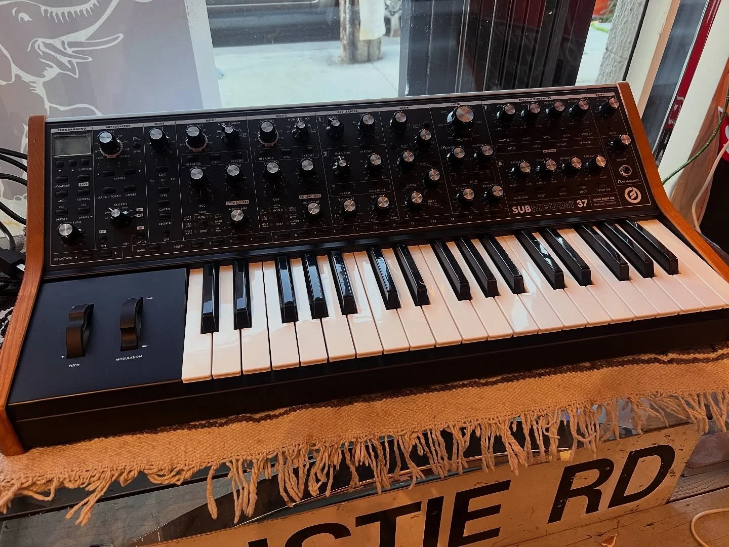 Pretty sweet @moogsynthesizers Sub37 hitting the floor! Come play! #oaklandguitars #moog #moogsub37