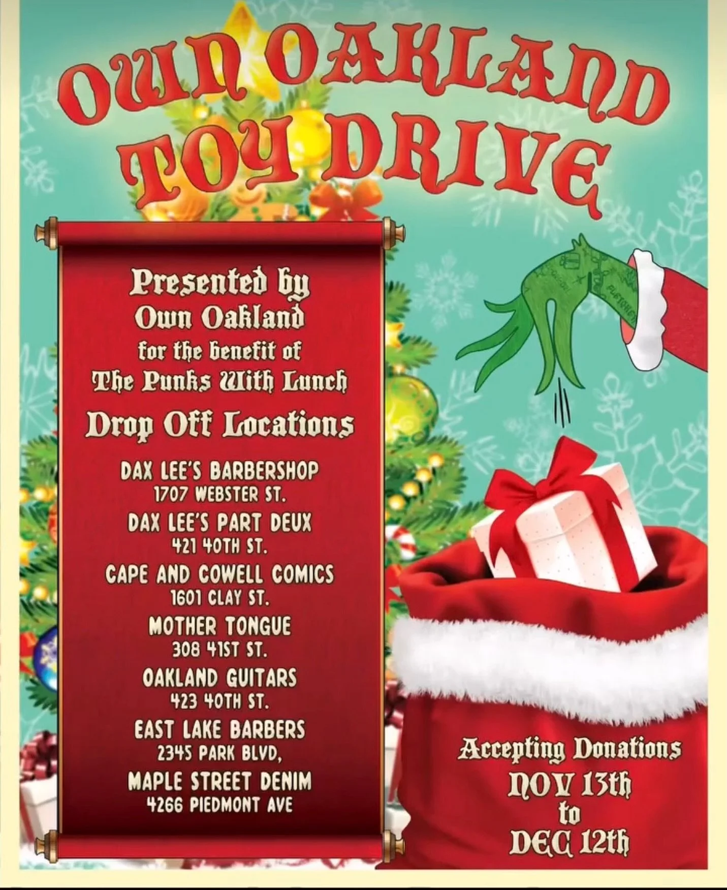 From now until December 12th, we&rsquo;ll be accepting toys for kids in need! Huge shoutout for @west.oakland.punks.with.lunch and @daxleesbarbershop for making this happen every year. Last year, I needed to yell at y&rsquo;all to fill this damn box.