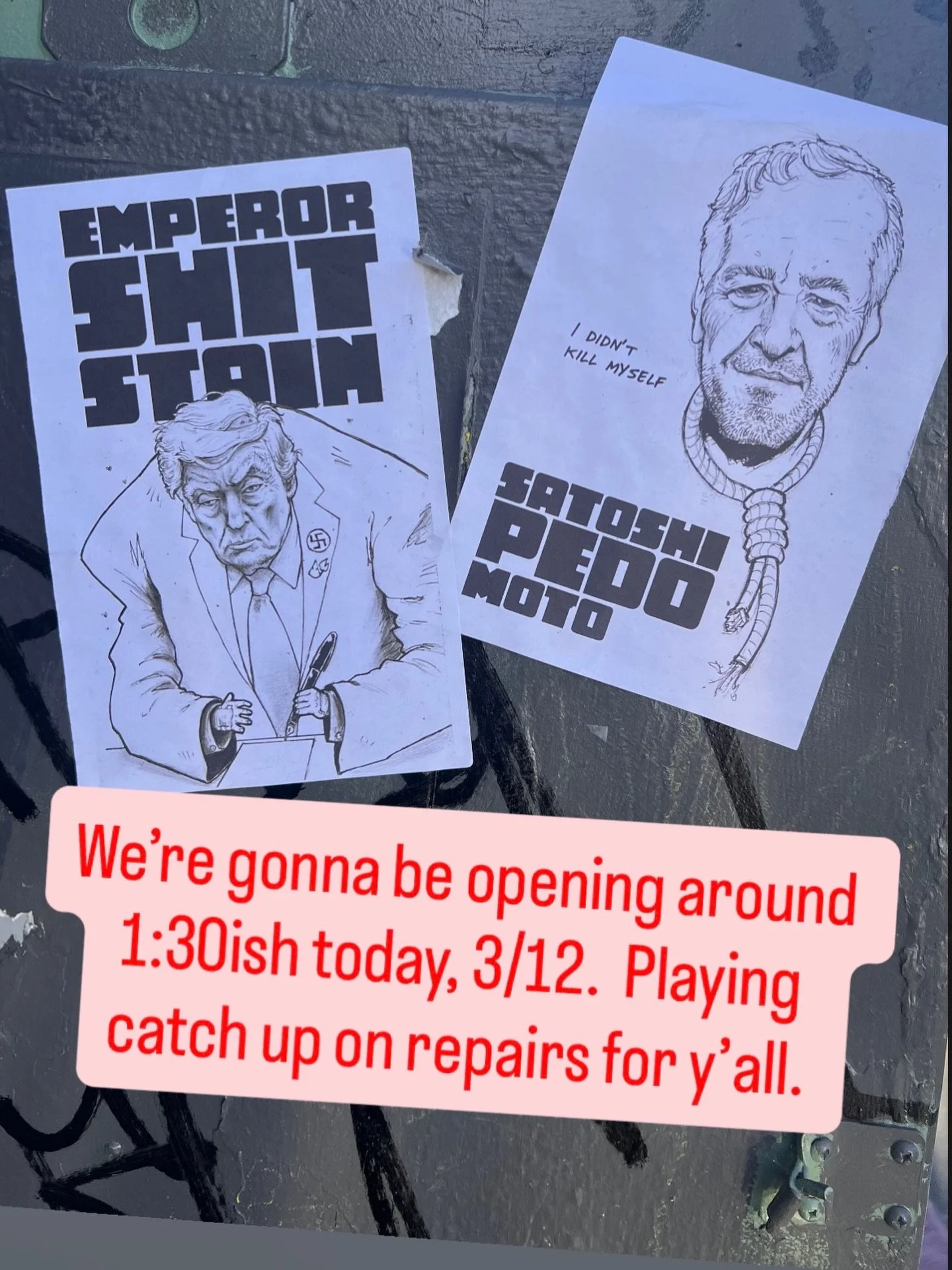 Hi y&rsquo;all! We&rsquo;re gonna be opening around 1:30pm today. Have a lot to catch up on today!! Shout out to whoever put these up on the corner outside the shop.