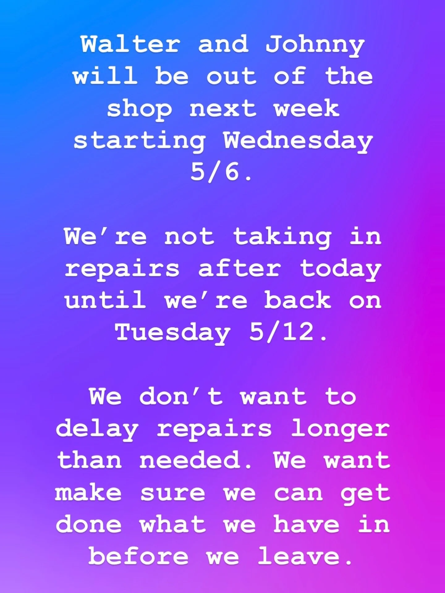 Hello party people! Johnny and Walter will be out of the shop next week and we&rsquo;re pausing taking in any repairs after today. We wanna work through everything that&rsquo;s checked in and we don&rsquo;t wanna delay anything that we don&rsquo;t ha