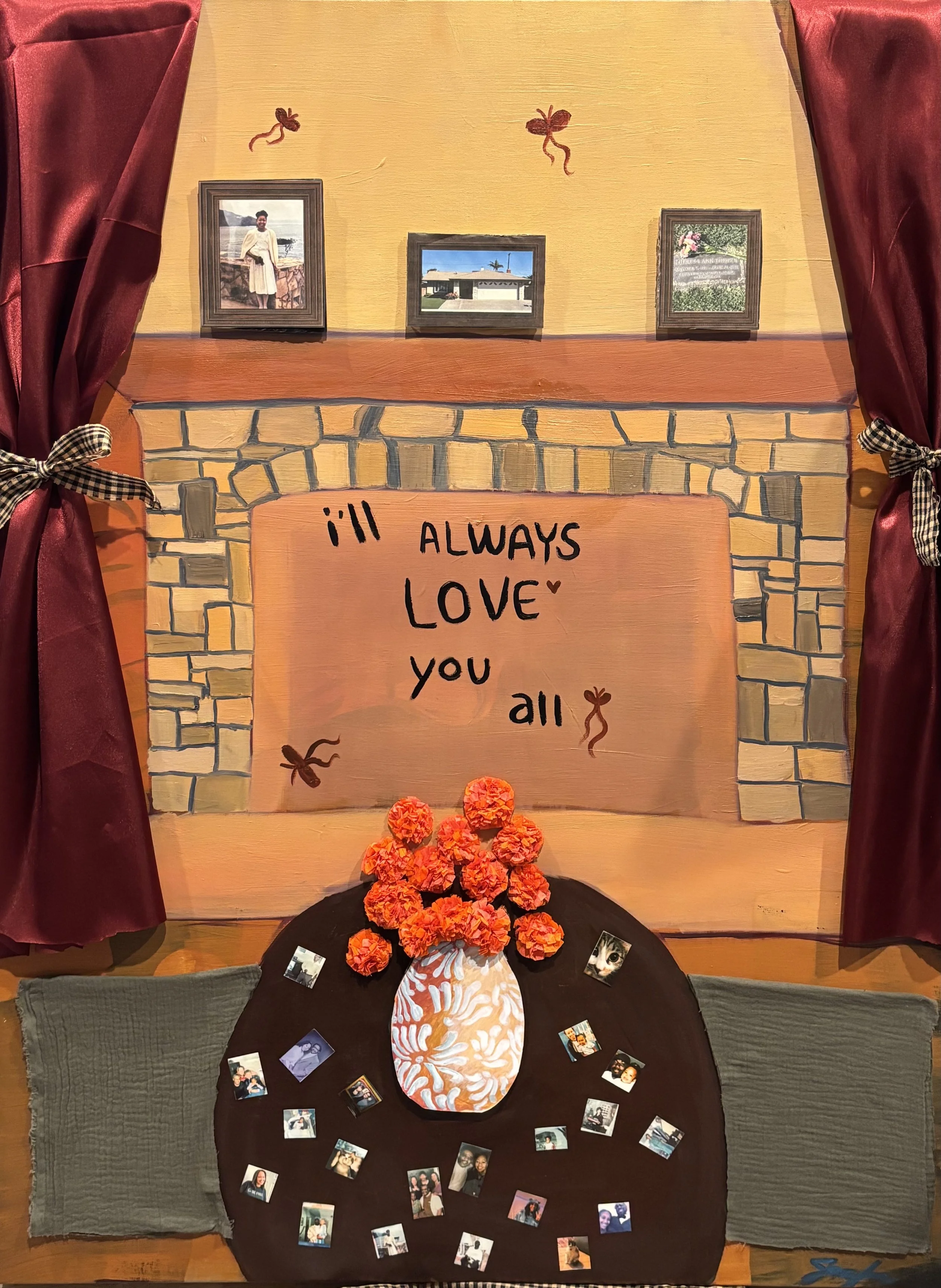 I'll Always Love You All - 30x40in - Currently shown at the Bonita Museum, Bonita, CA
Acrylic, Oil, cotton and silk fabric, sticker paper, paper flowers, cardstock paper, printer paper, and velcro squares.