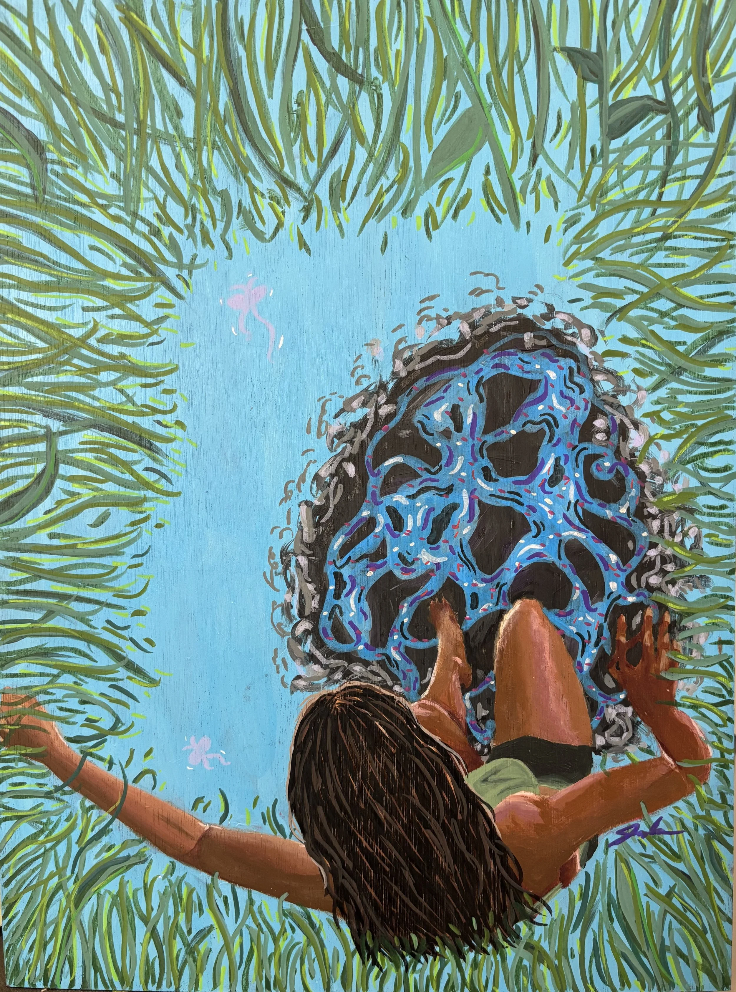 Falling out of comfort - 12 x 16in.  Acrylic markers and Gouache // SOLD