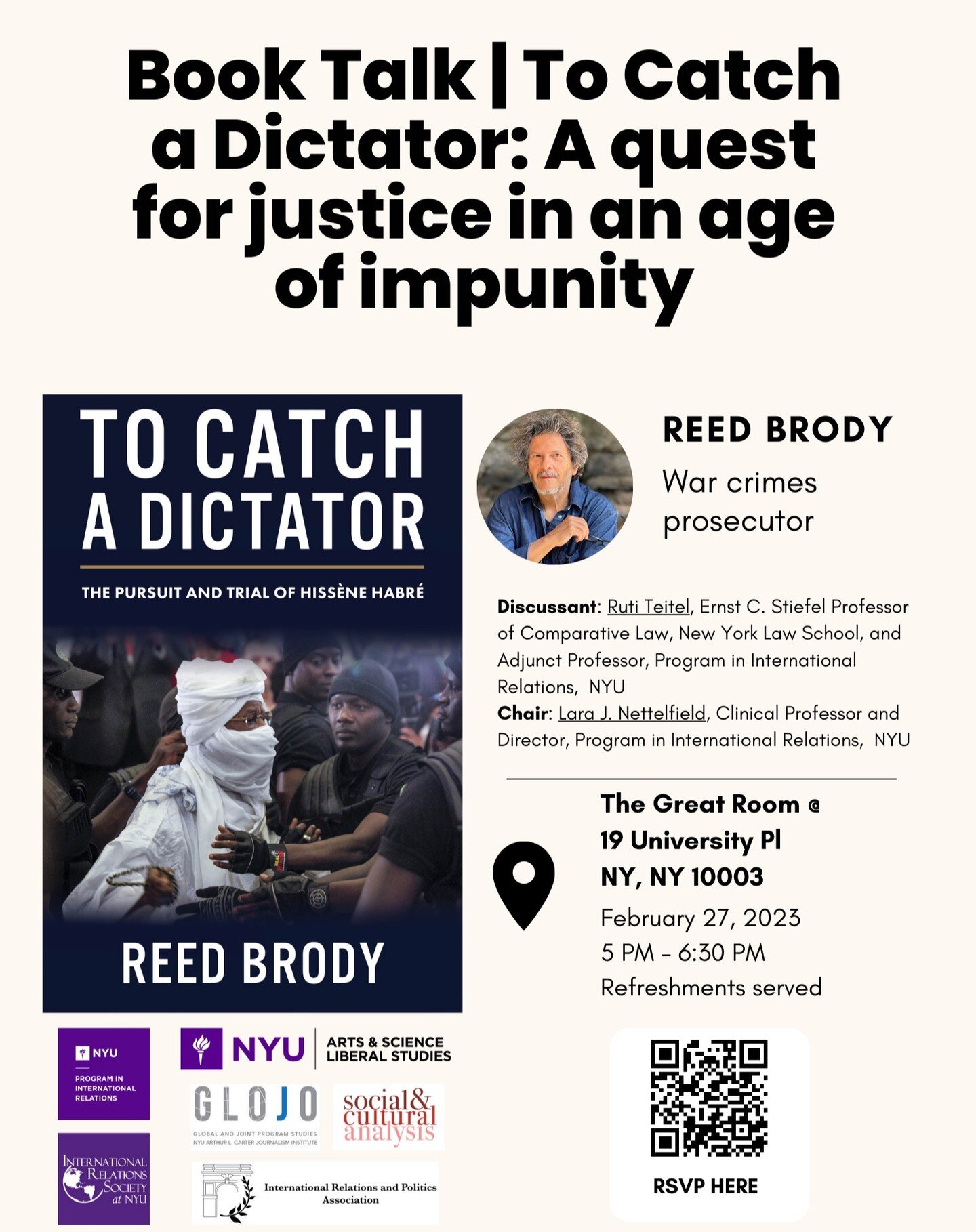 Join us on Monday February 27th for a book talk with Reed Brody, author of To Catch a Dictator: The Pursuit and Trial of Hiss&egrave;ne Habr&eacute;. Critics have called the book &ldquo;an absorbing saga&rdquo; and &ldquo;a powerful tale of true crim