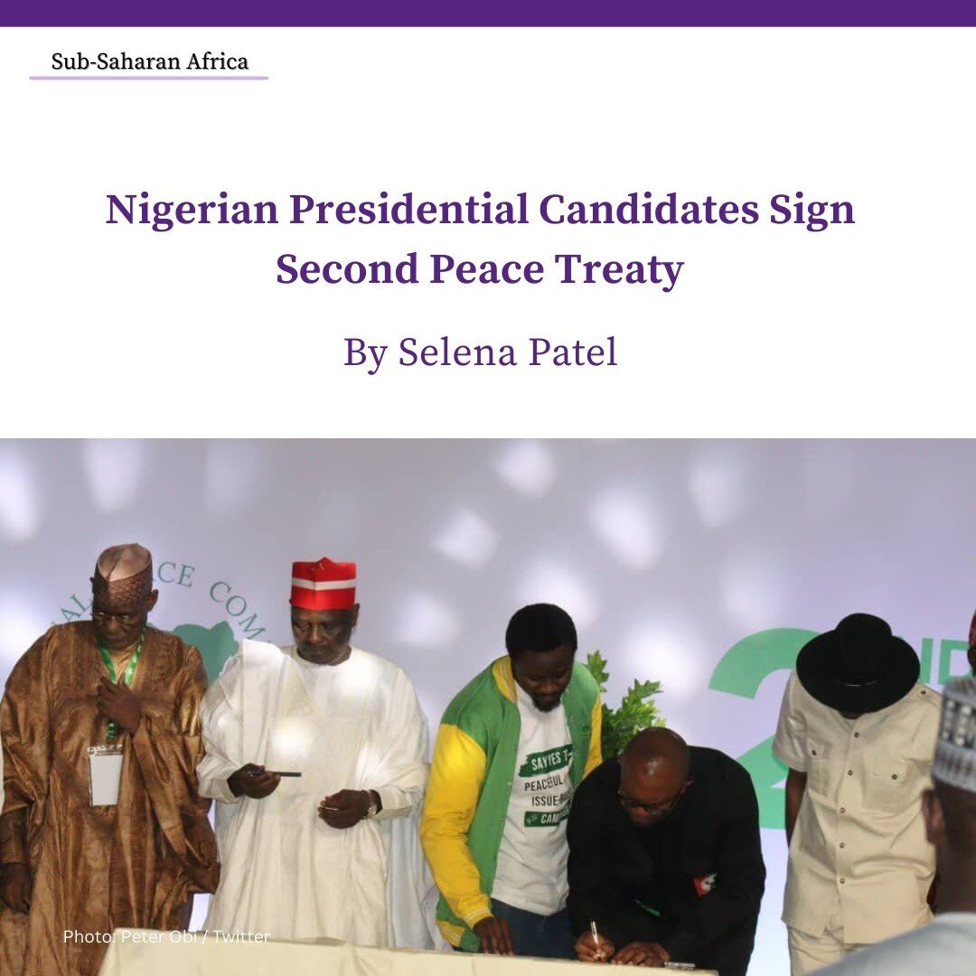 📍SUB-SAHARAN AFRICA:
Last week, all 18 Nigerian presidential candidates came together to sign the second peace pact in a bid to prevent electoral violence. 

What is the rationale behind the peace treaty? and what does it mean for Nigeria? Click the