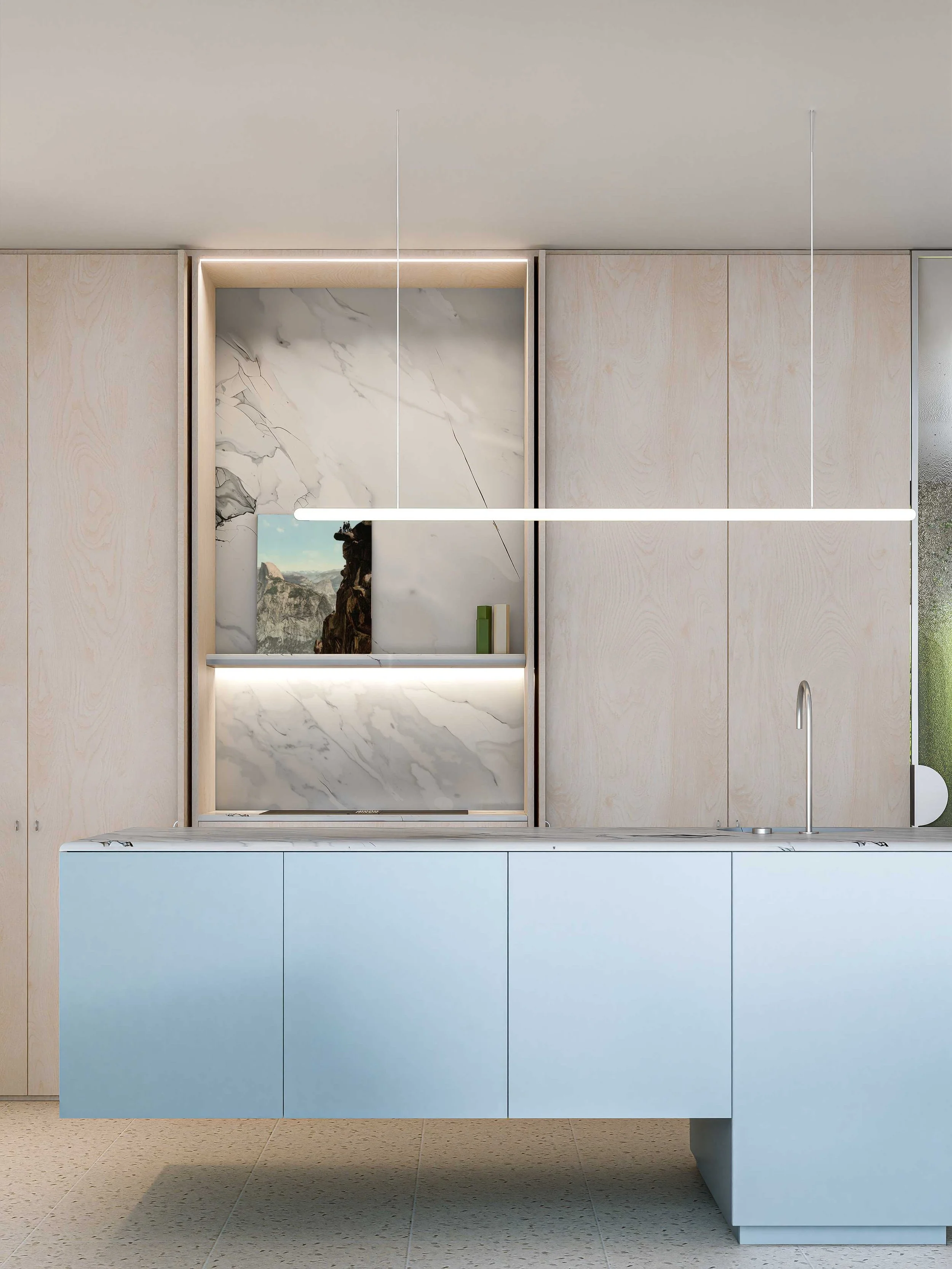 Moderne keuken met een witte keukeneiland, een marmeren achterwand en houten kasten.