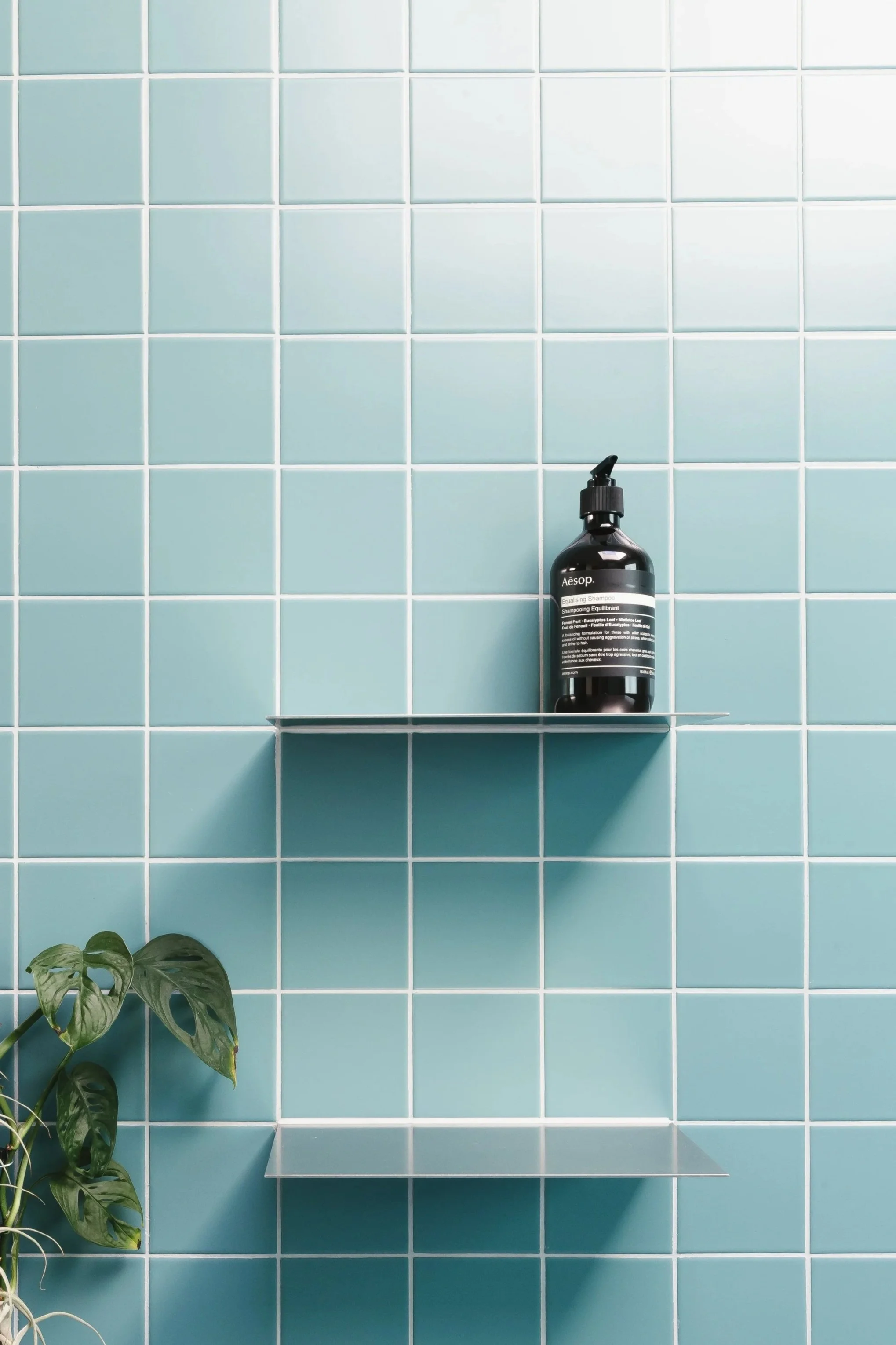 Lightblue tiles with stainless steel shelves