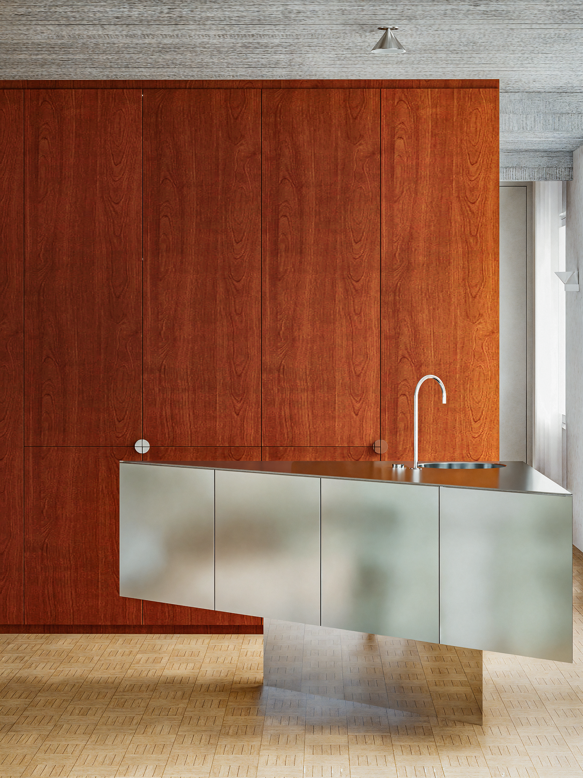 Kitchen cabinets closed veneer ans stainless steel