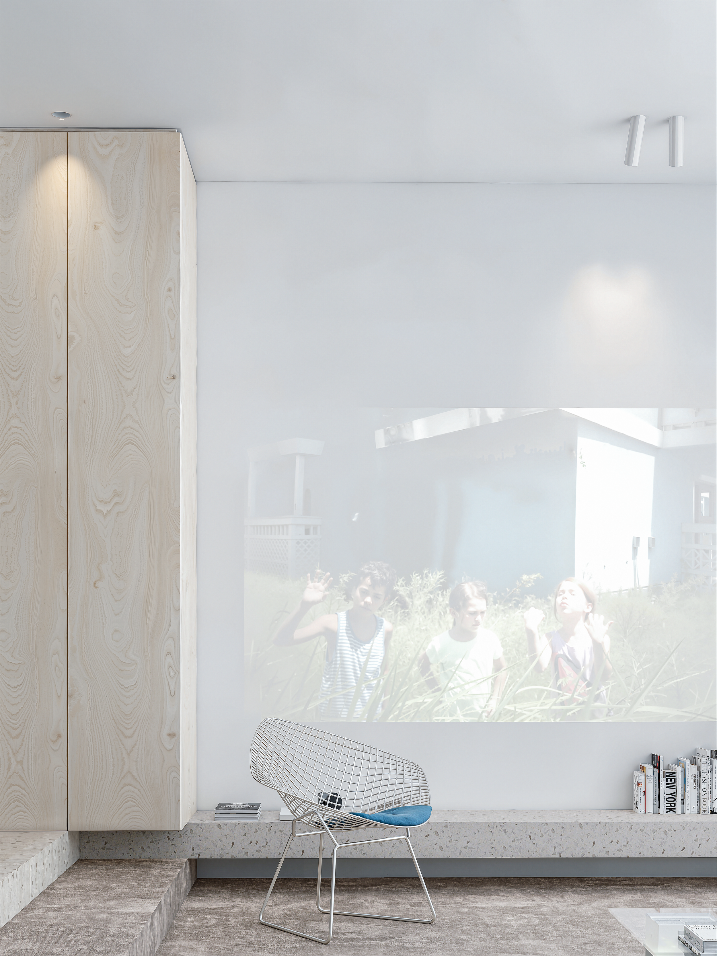 Modern interieur met houten kast, metalen bureaustoel met blauw kussen, boeken en een projectiescherm of raam met gezichten van drie kinderen op de achtergrond.