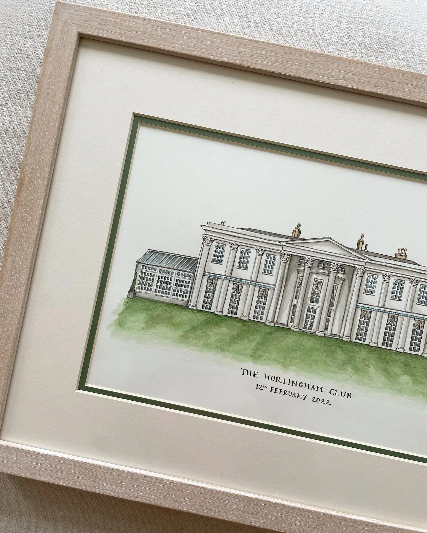 A recent commission of the ever lovely Hurlingham Club, the perfect wedding gift! This one is framed in my most popular limed oak frame (I lime the oak myself before making the frame, so every step is bespoke!). A few spaces for commissions at the mo