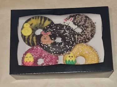 5 Mixed Box Easter Donuts with Sugar Decorations.