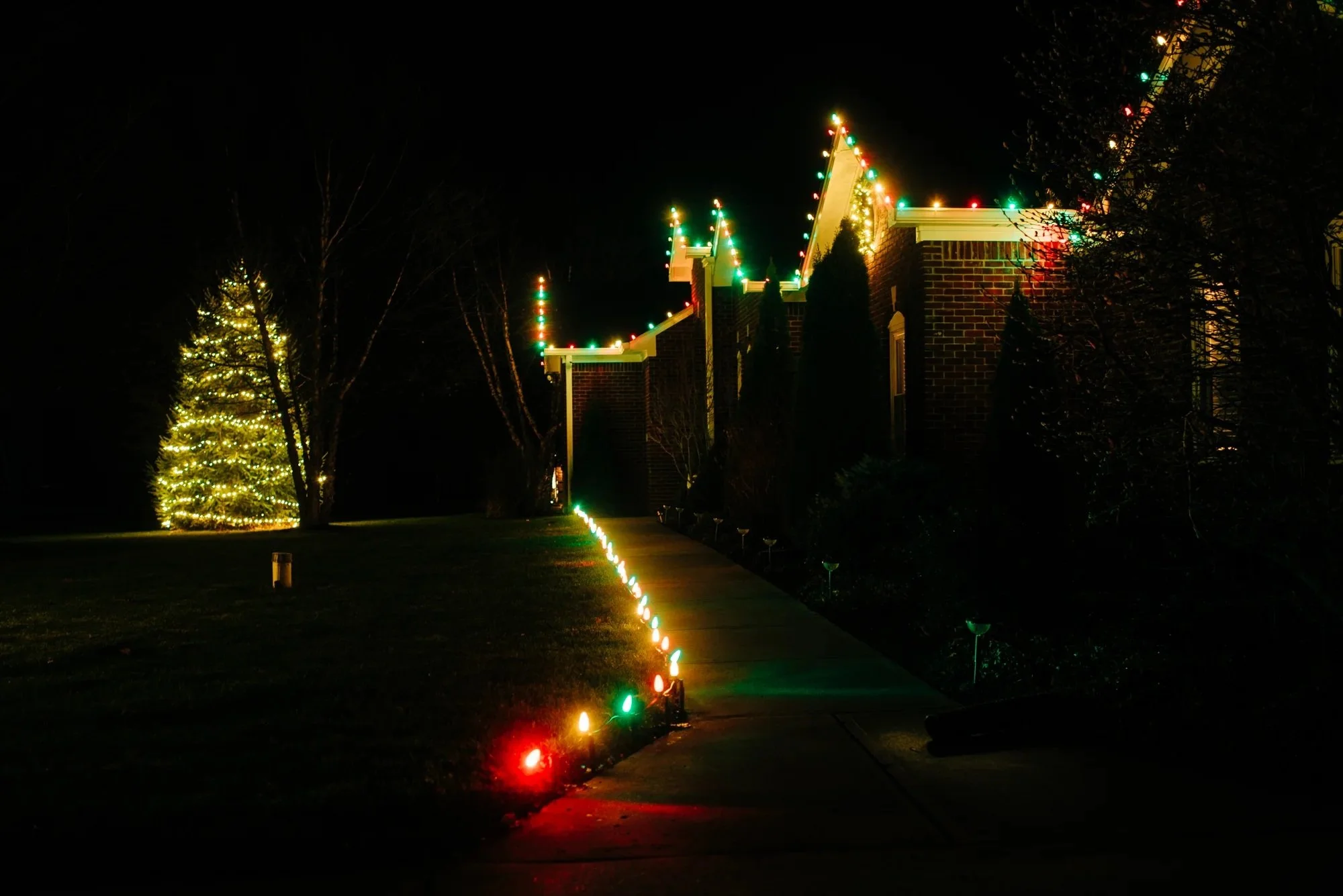 Curved pathway outlined with red, green and warm white Christmas lights