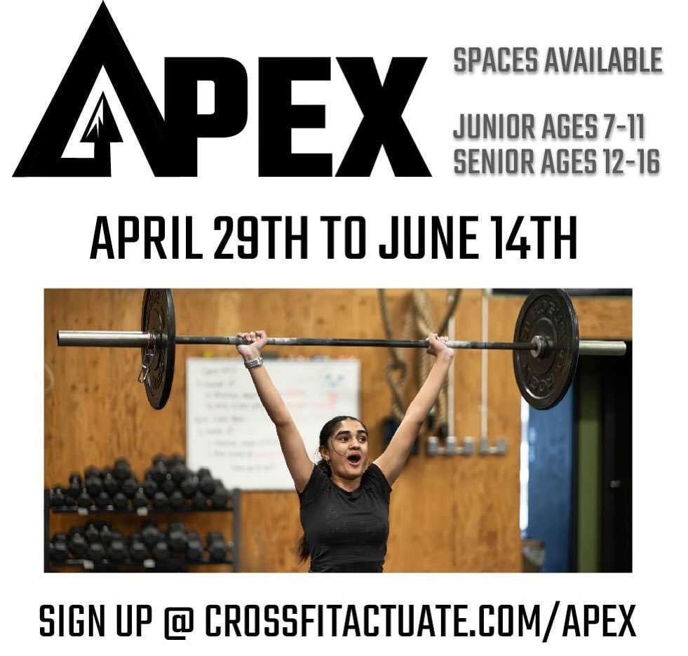 Apex Crossfit Youth registration is now open for our next 7 week program, April 29-June 14! You can register for 1, 2, 3, or 4 days a week! Head to crossfitactuate.com/apex Click the drop down menu and add to cart any of the days and times that work 