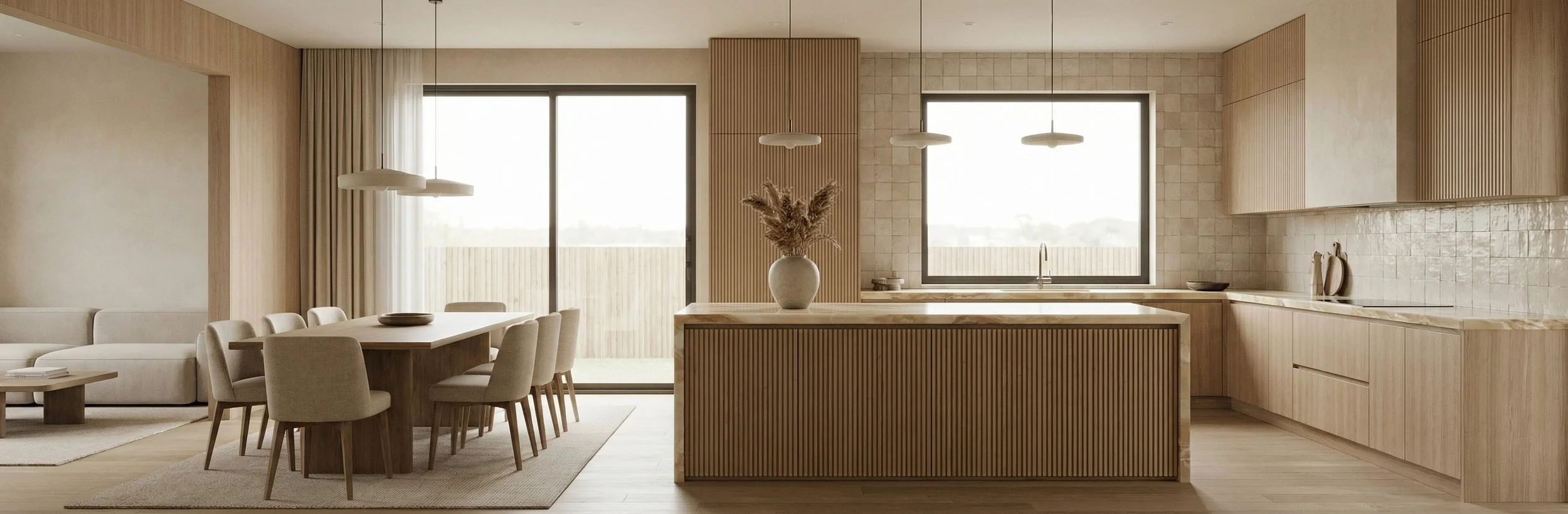 Modern kitchen and dining area with beige wooden cabinets, a large kitchen island, a dining table with eight chairs, and a living area with a sofa, all with neutral tones and natural light from large windows.