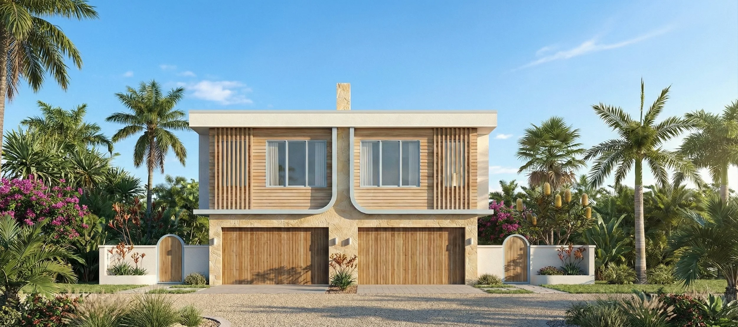 Modern two-story house with wooden accents, large windows, a white and beige exterior, surrounded by lush tropical plants and palm trees in a sunny setting.