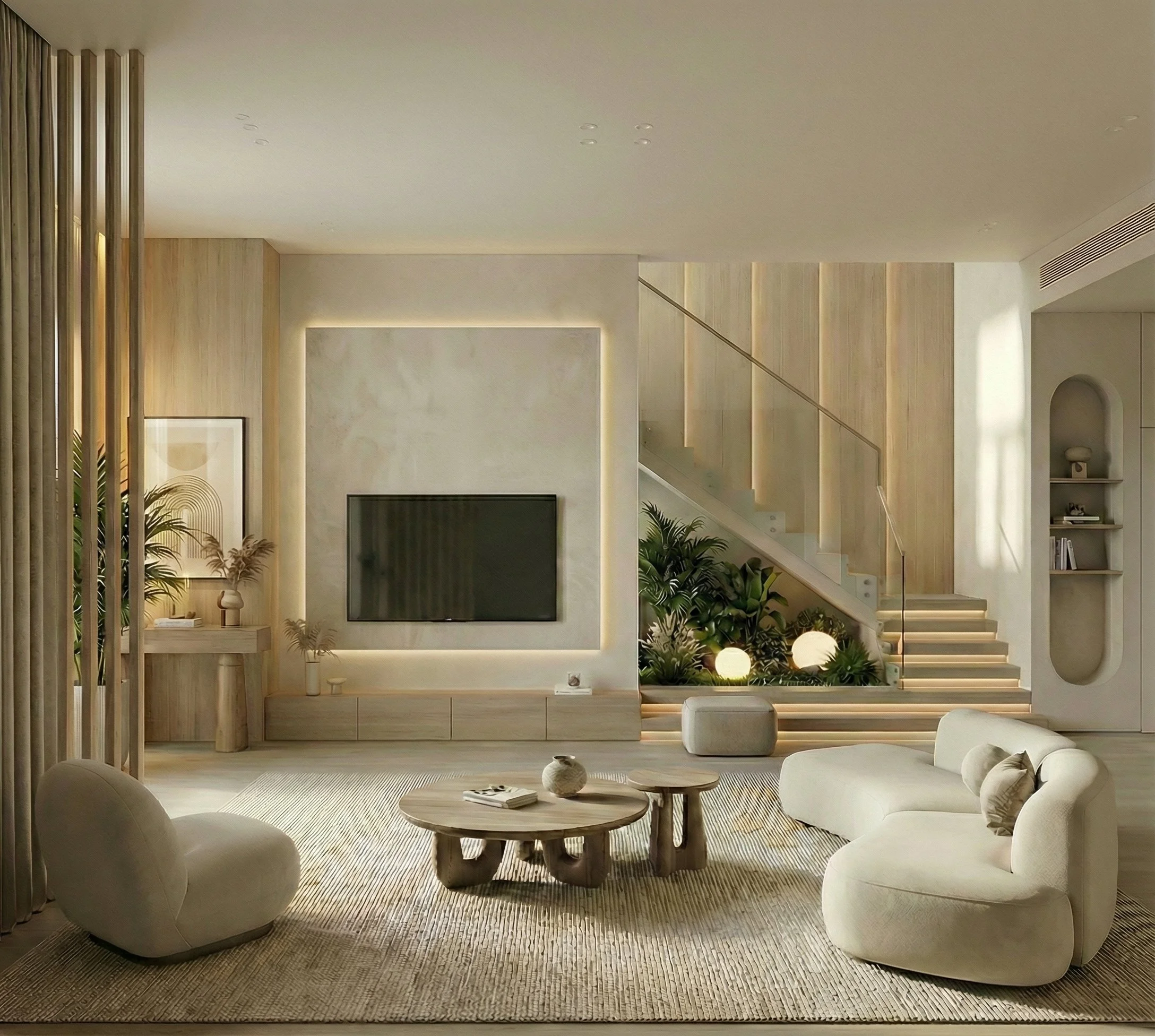Modern living room with beige furniture, a flat-screen TV on a light wall, wooden accents, plants, and a staircase with glass railing.