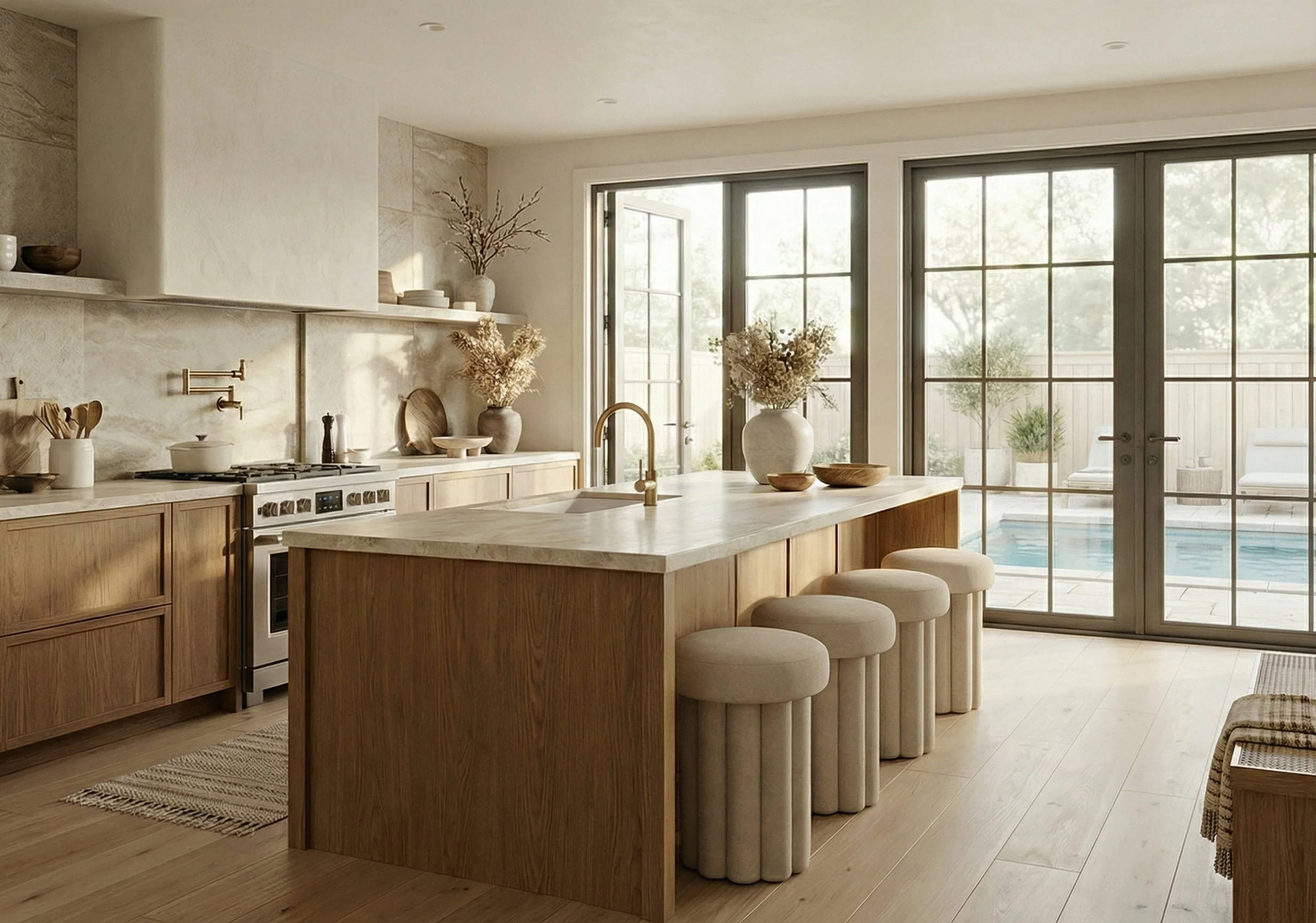Modern kitchen with wooden cabinets, marble countertops, and a kitchen island with four cream-colored upholstered stools, large windows and glass doors leading outside to a patio and pool area, decorated with vases of dried flowers.