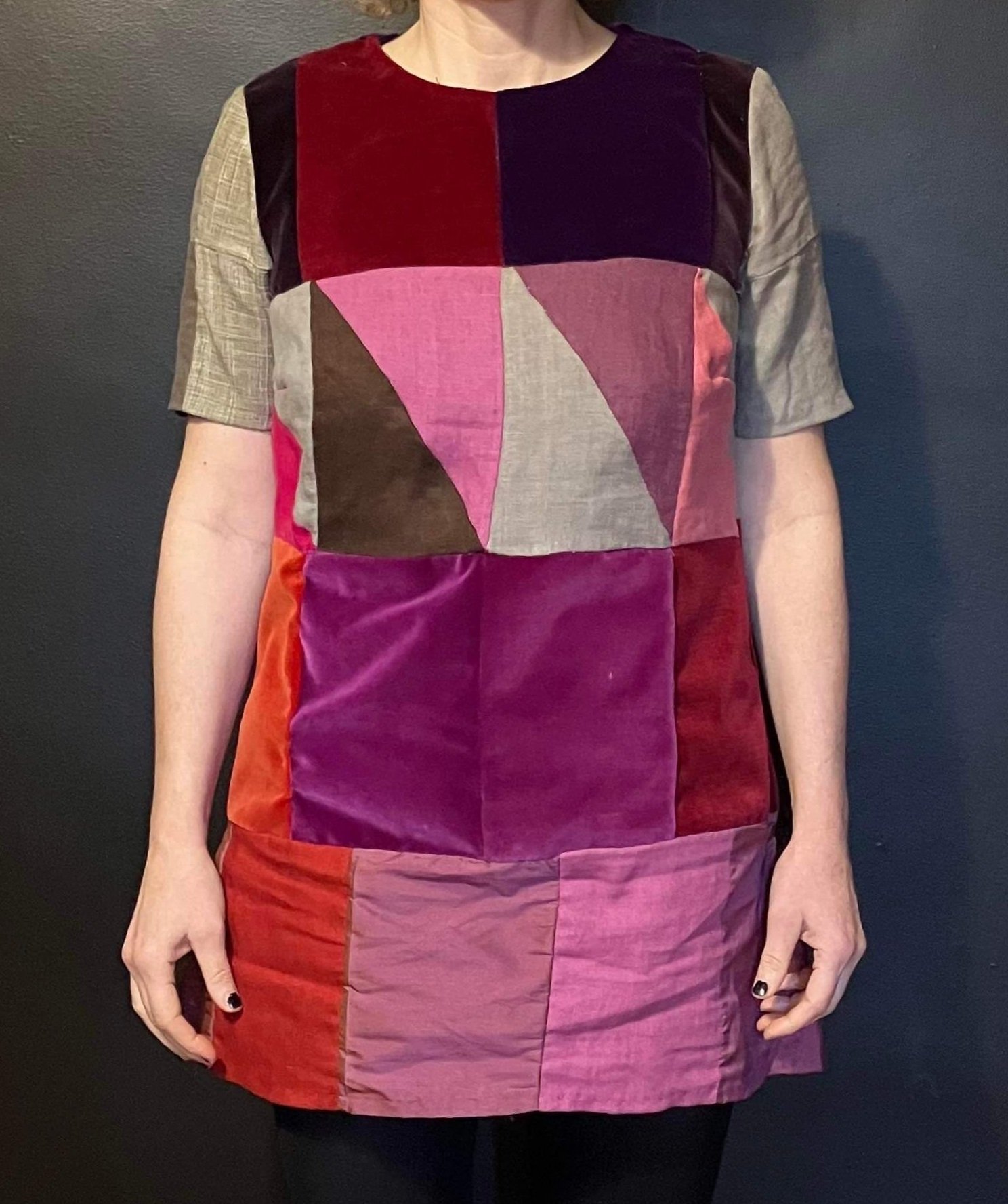 Dress with linen and velvet rectangles