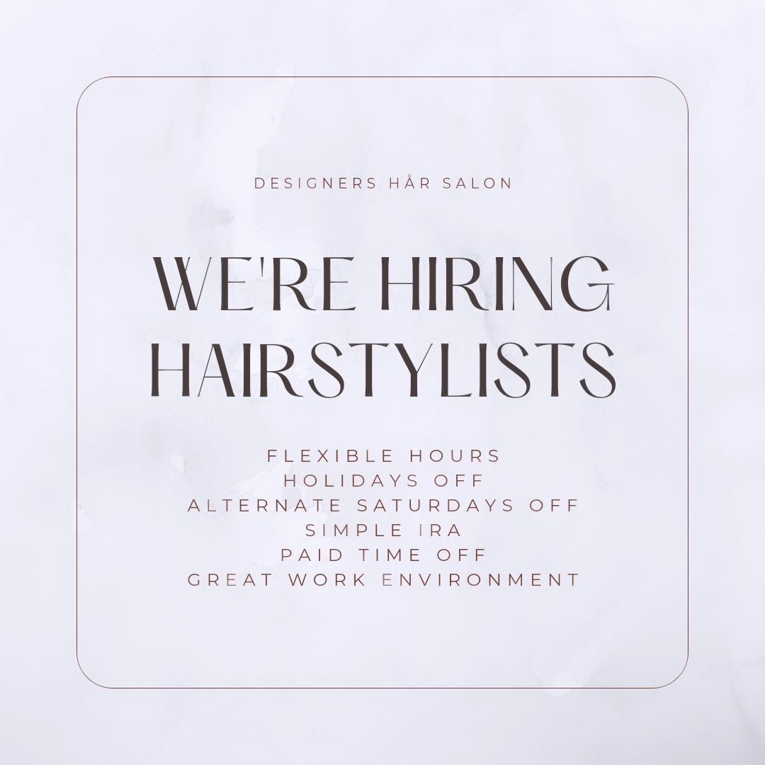 🌟✨️Come join our amazing team!✨️🌟
 
Email us your resume or stop in for an application!
Audrey@designersharsalon.com 

#designersharsalon #nowhiring #hairstylist #hairislife #salonlife #flexiblehours #chisagocounty