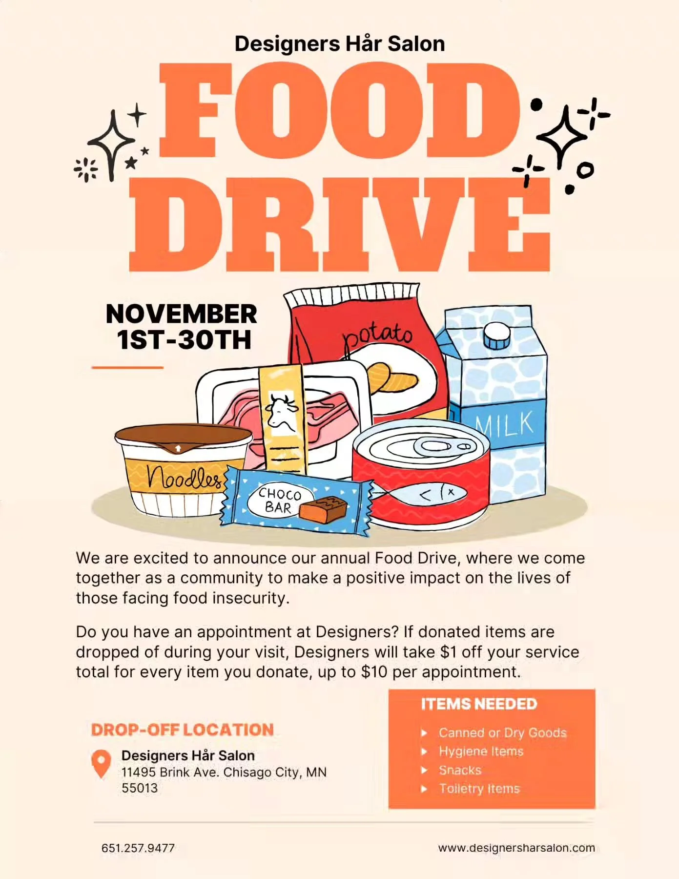 🌟Help us help our community!🌟

Drop off your items during your appointment, and Designers H&aring;r Salon will take $1 off your service per item you bring in! 🍞🥫