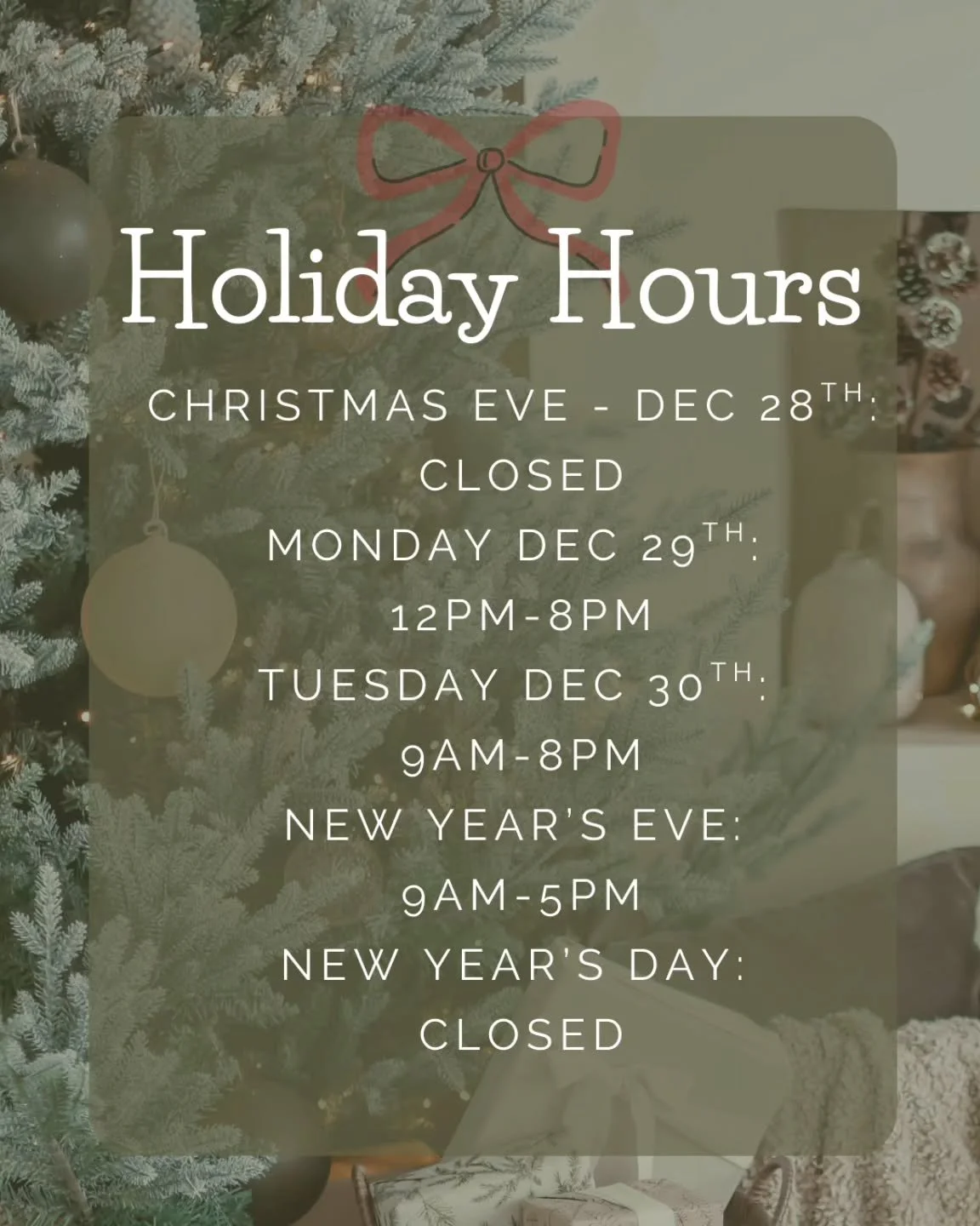 ✨️Heads up friends!✨️ 
Check out our Holiday schedule to ensure you don't miss us! 
Wishing you all a safe and happy season! 🎄🎁