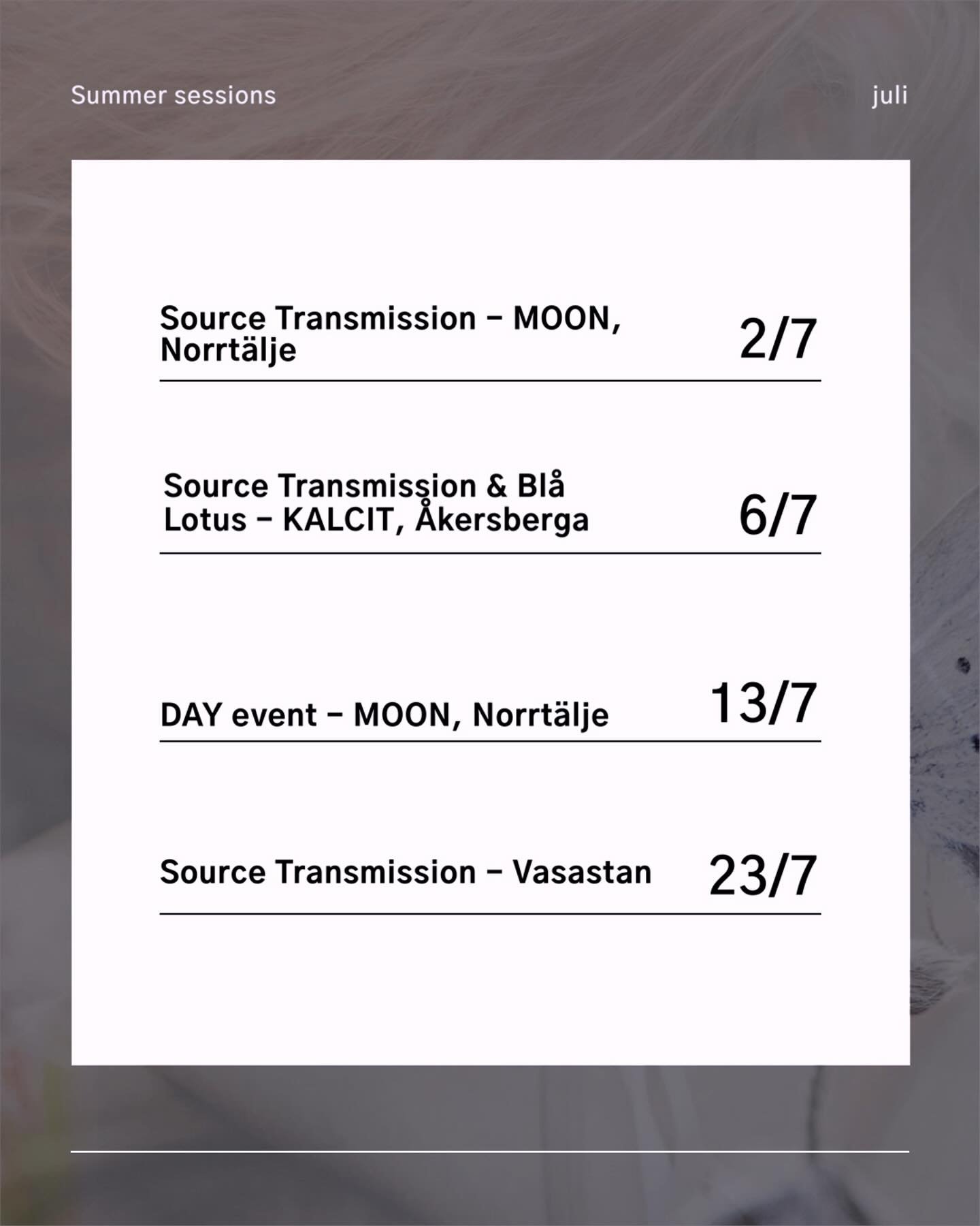 ✨ Sommarsessioner med Lina &amp; Yvette
Varmt V&auml;lkommen! 🤍
@lina.with.love 

🗓️ 2 juli - MOON Norrt&auml;lje @studiomoon.se 
Source Transmission
 🗓️ 6 juli - KALCIT &Aring;kersberga @kalcit.se 
Bl&aring; Lotus &amp; Source Transmission
 🗓️ 1