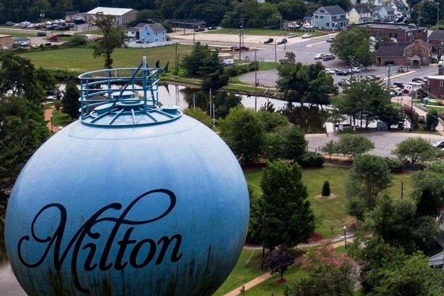 View of the Milton water tower and surrounding buildings