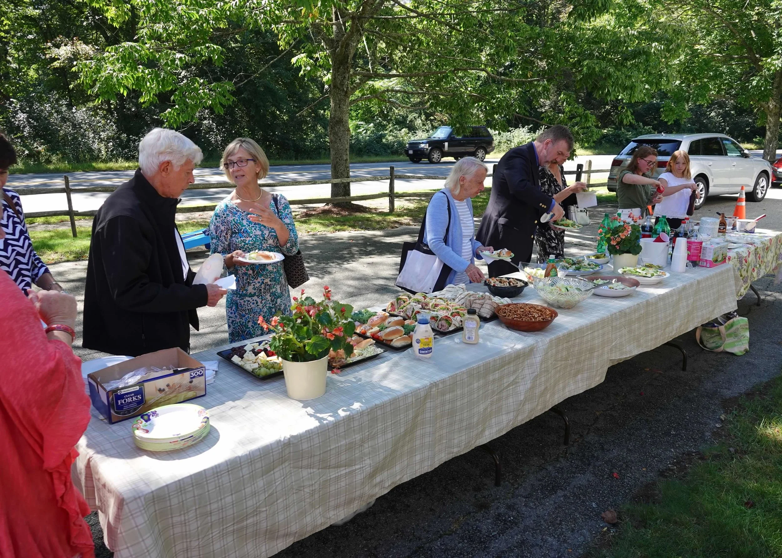 People serving themselves food at a buffet table with fruits, cupcakes, cookies, salads, and sandwiches, with patriotic balloons in the background.